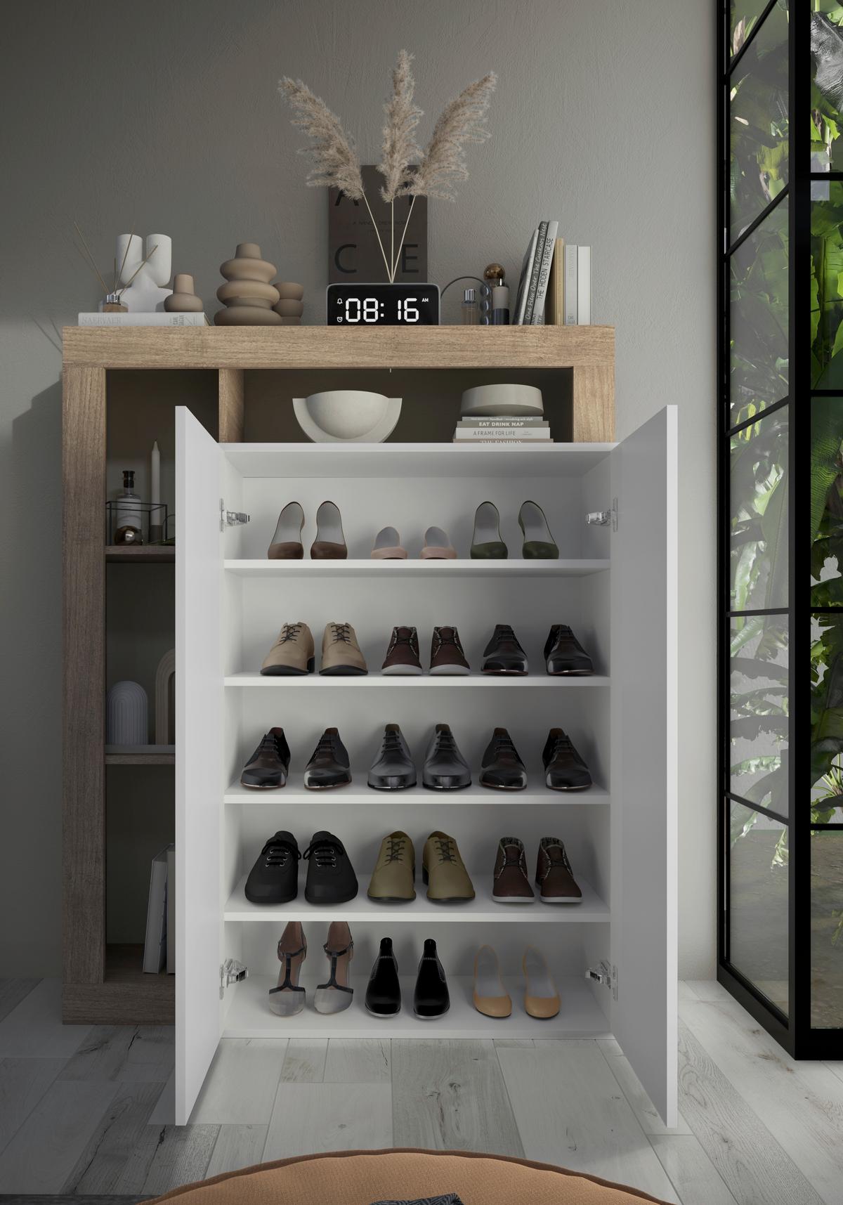 Schuhschrank Hamburg Eichefarben/Weiß B: 108 cm - Weiß Hochglanz/Eichefarben, Basics, Holzwerkstoff (108/138/35cm)