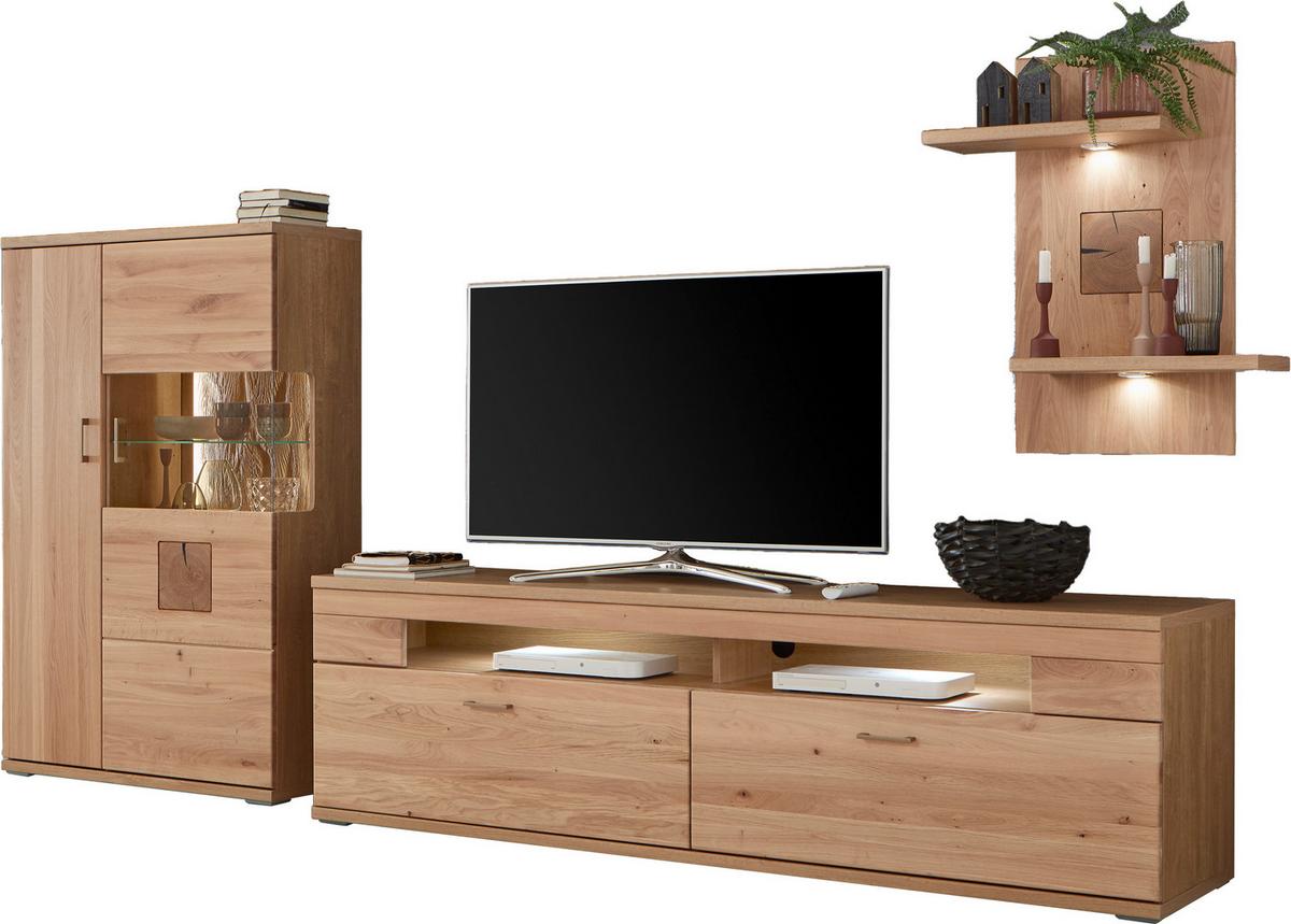 Wohnwand Kansas - Alteiche/Silberfarben, KONVENTIONELL, Glas/Holz (317,1/171/50,2cm) - Livetastic