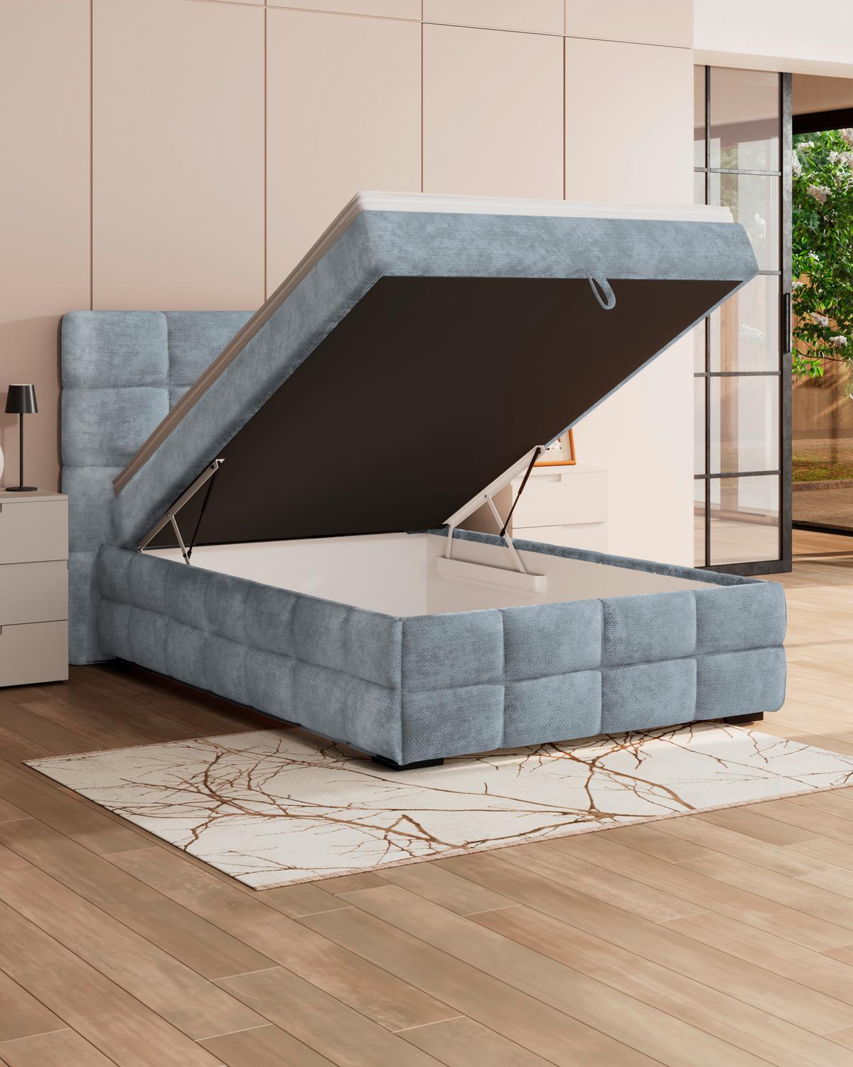 Čalouněná postel VEGA 140x200 cm, světle modrá - černá/zelená, Trend, dřevo/textil (140/200cm)