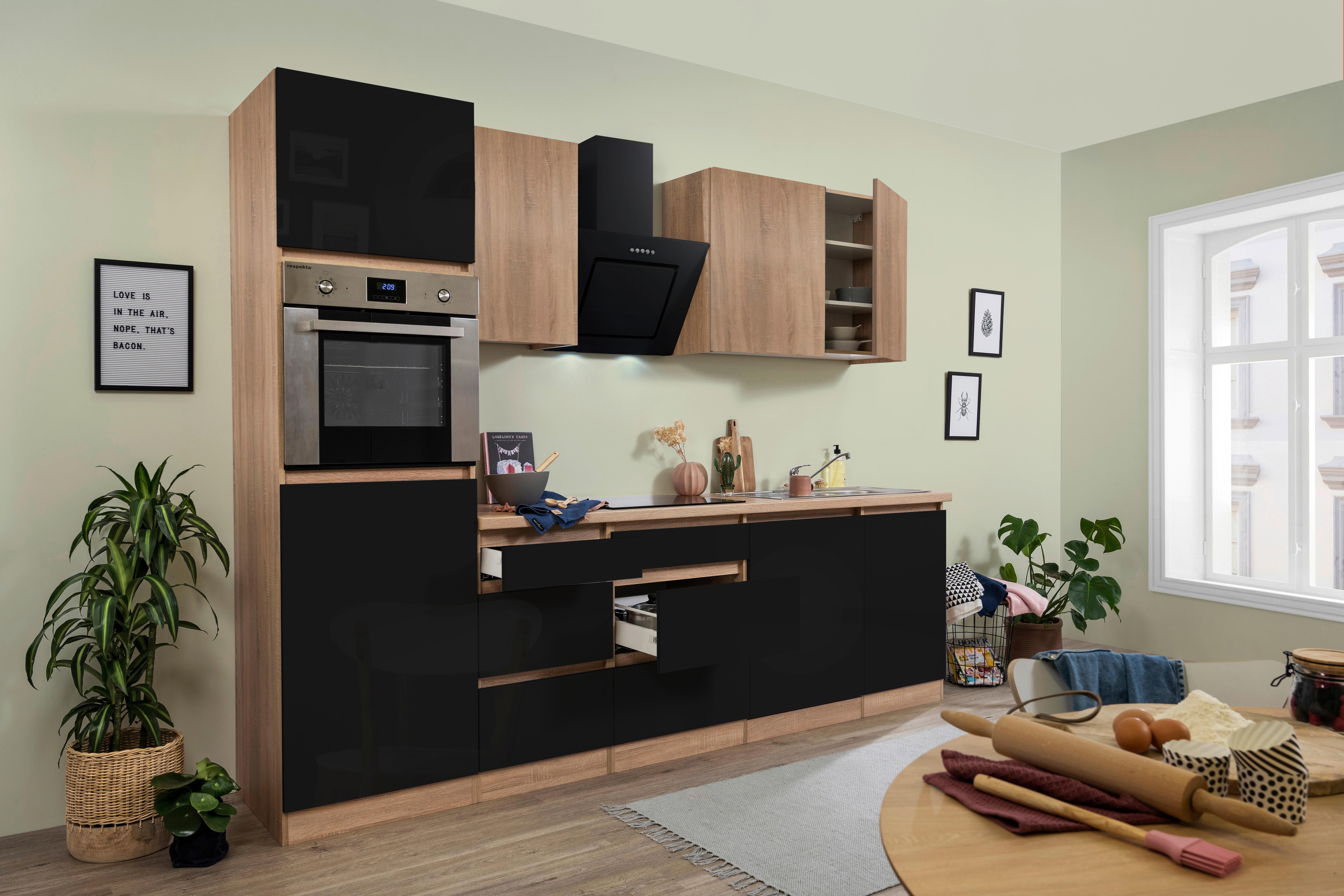 Küchenzeile Premium mit Geräten 280 cm Schwarz/Eiche Dekor - Schwarz Hochglanz/Eichefarben, Basics, Holzwerkstoff (280cm) - Respekta