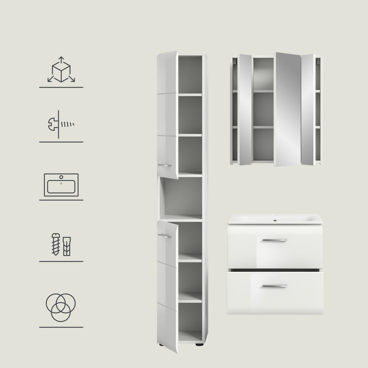 Badezimmer Ice Weiß/weiß Hg B: 90 Cm - Weiß Hochglanz/Schwarz, MODERN, Keramik/Holzwerkstoff (90/185/46cm) - MID.YOU