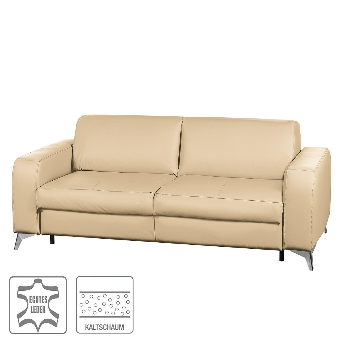 Schlafsofa Aloe Echtleder Beige B: 204 cm - Beige/Silberfarben, Design, Leder (204/84/104cm) - Livetastic