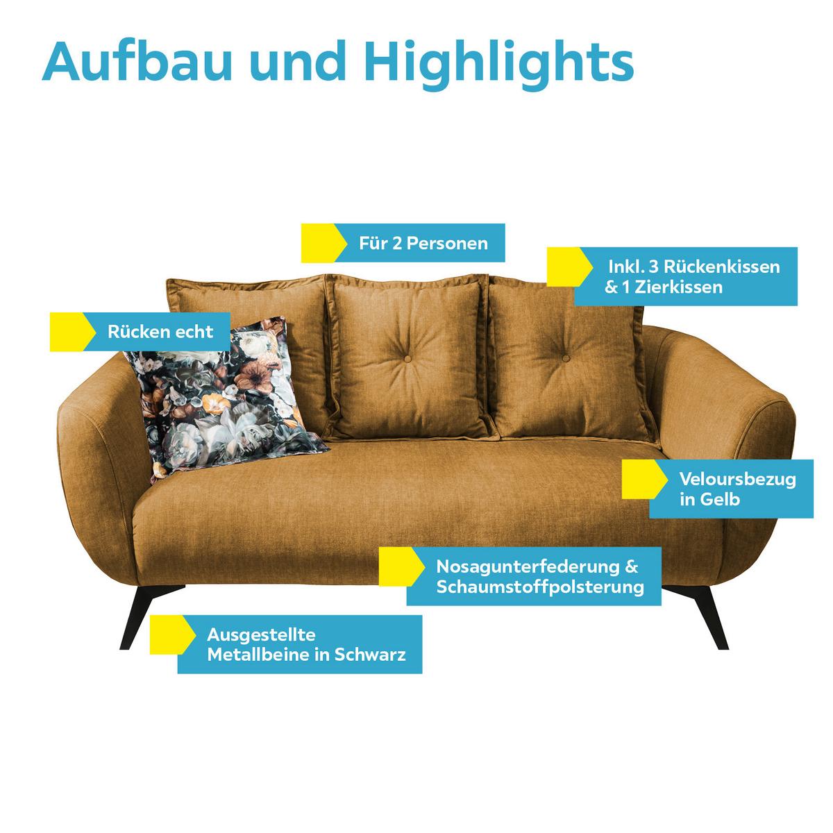 2,5-sitzer-sofa Baggio Mit Kissen Koralle - Gelb/Multicolor, MODERN, Holz/Textil (196/94/103cm) - Livetastic
