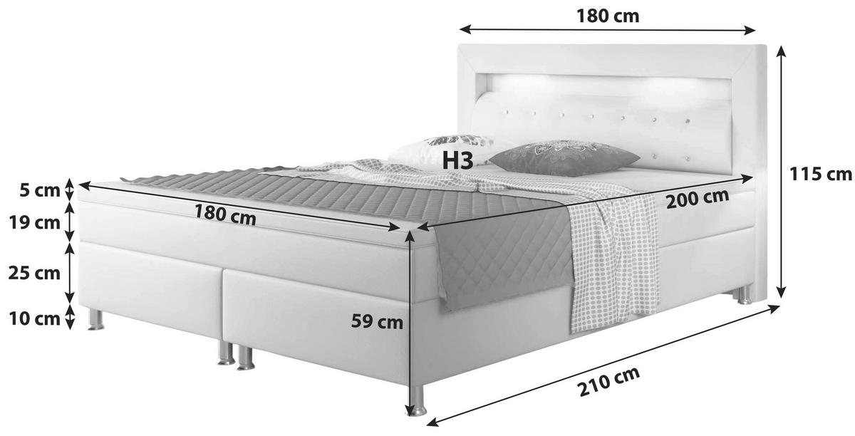 Boxspringbett mit Topper & Beleuchtung 180x200 Monaco - Silberfarben/Weiß, KONVENTIONELL, Leder/Textil (180/115/210cm) - MID.YOU