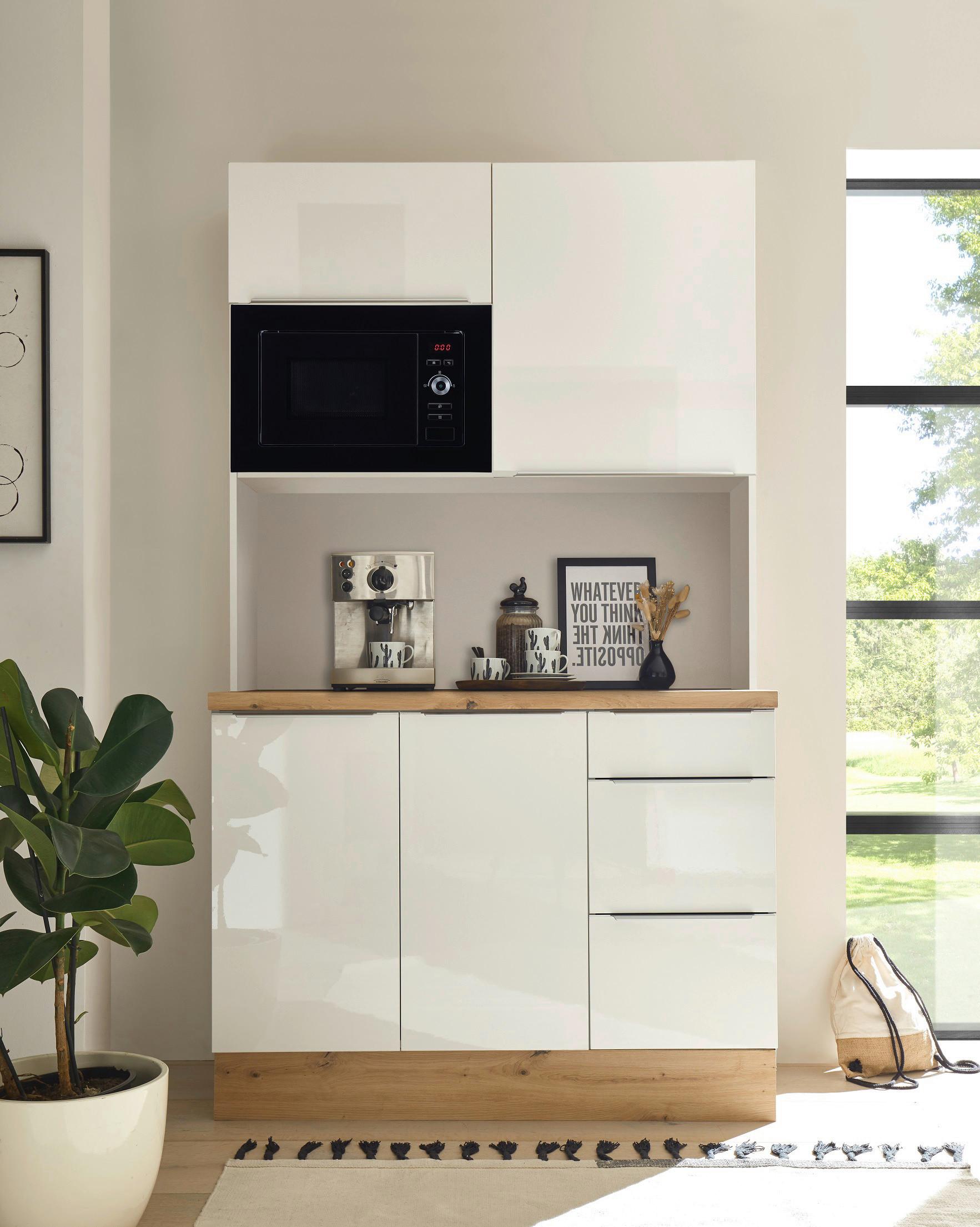 Miniküche mit Mikrowelle 120 cm Weiß/Weiß Hochglanz - Weiß Hochglanz/Weiß, LIFESTYLE, Holzwerkstoff (120/211/60cm) - Respekta