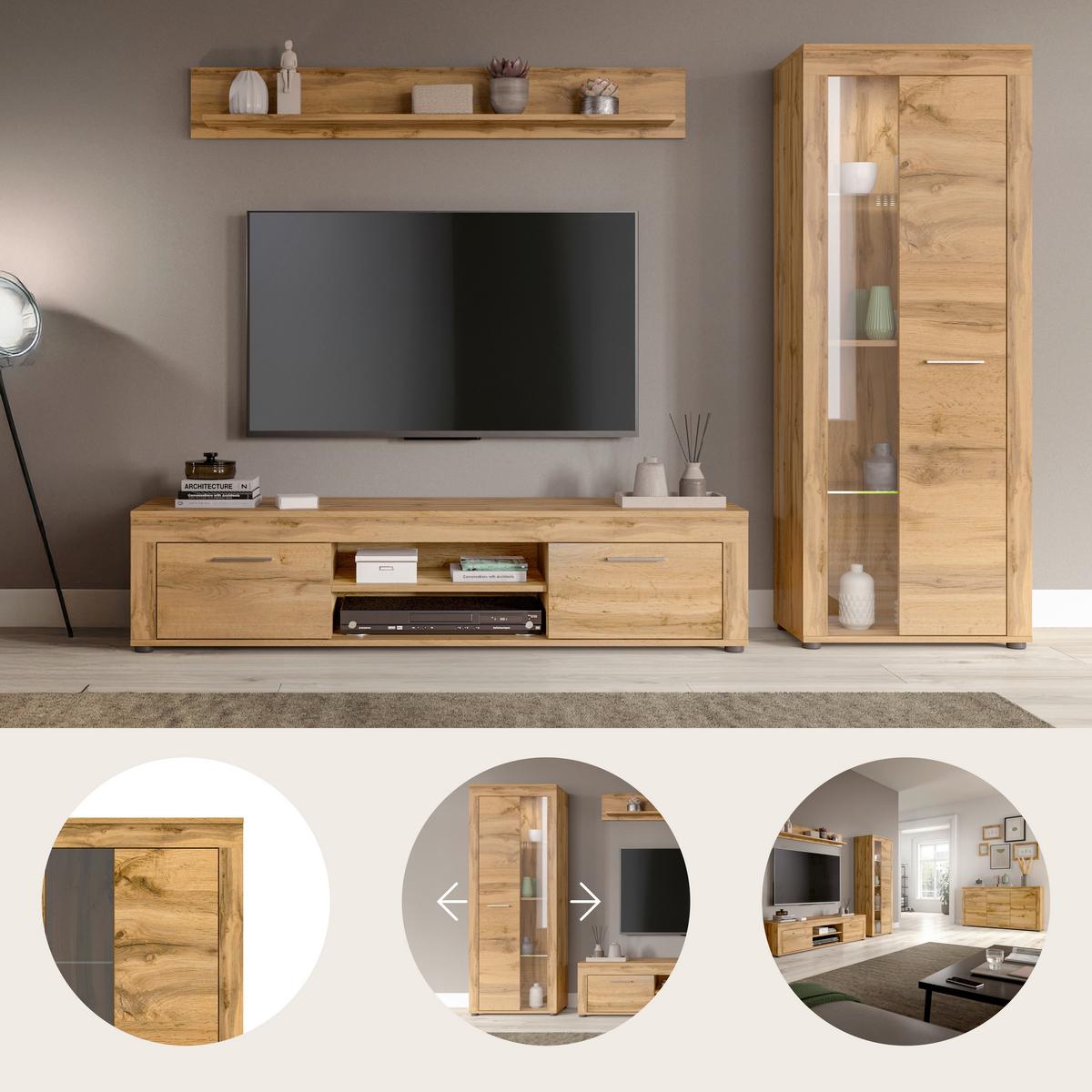 Wohnwand Eiche Dekor 3-Teilig B: 235 Cm - Eiche Wotan/Schwarz, Design, Glas/Holzwerkstoff (235/159/35cm) - MID.YOU