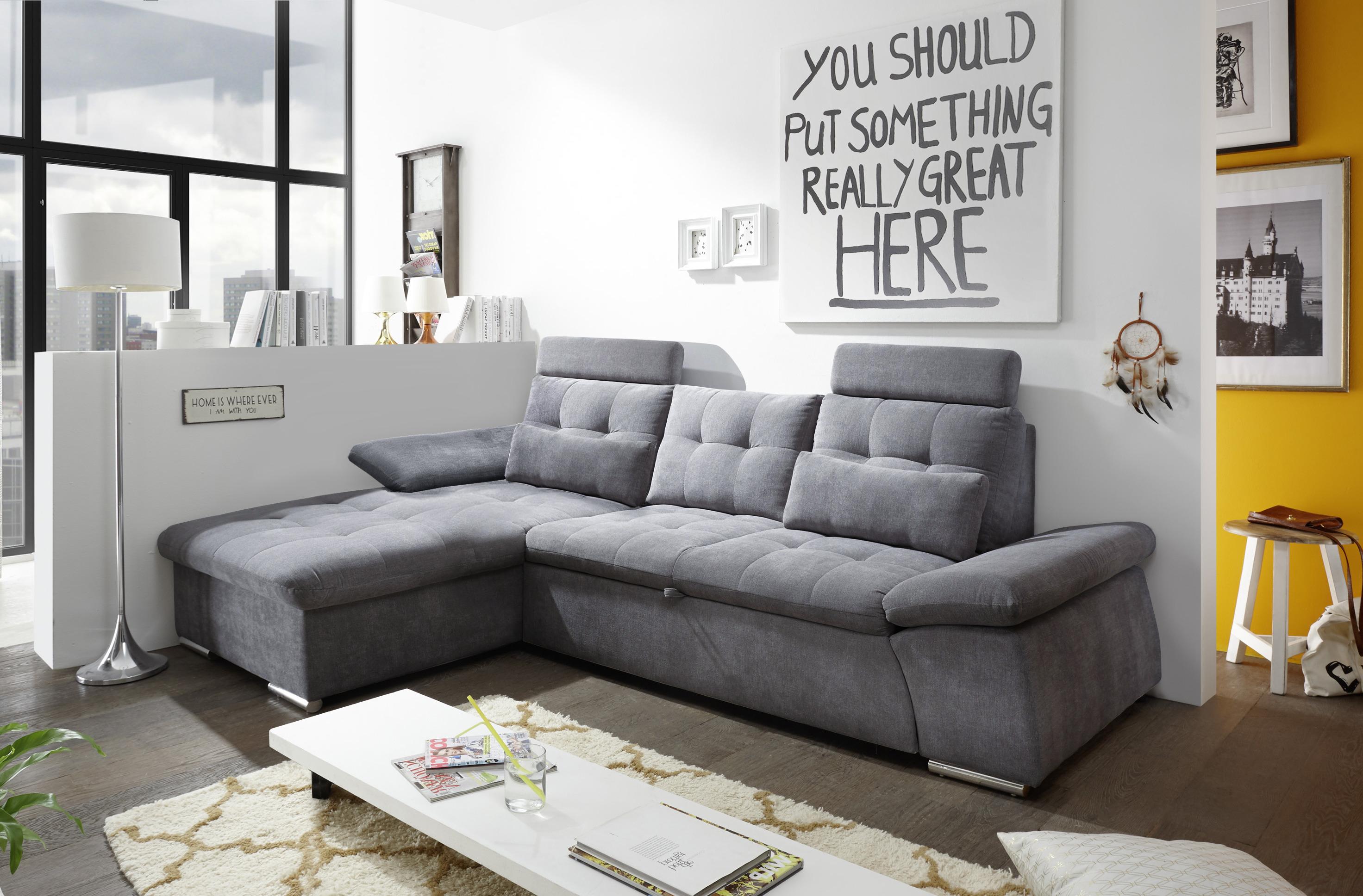 Ecksofa mit Schlaffunktion Nalo Longchair Webstoff - Dunkelgrau/Silberfarben, KONVENTIONELL, Holzwerkstoff/Textil (170/268cm) - MID.YOU