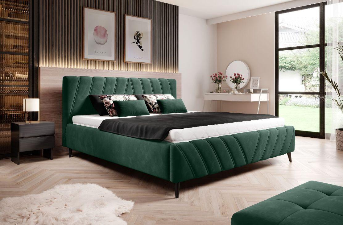 Manželská posteľ Melli, 140x200, tmavozelená - čierna/tmavozelená, Design, drevo/textil (140/200cm)
