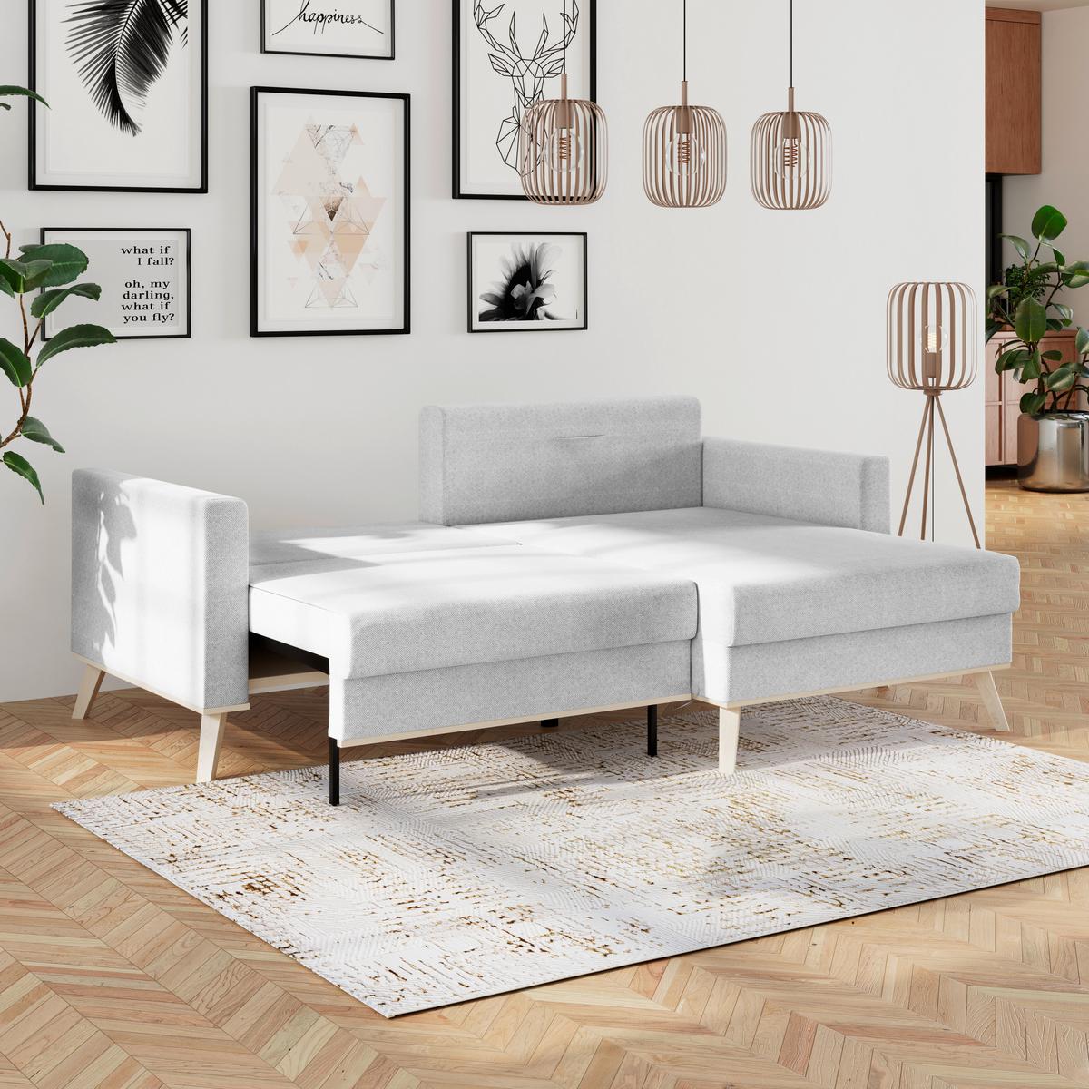 Rohová sedačka CARINI, oboustranná, světle šedá - barvy dubu/světle šedá, Basics, dřevo/textil (222/152cm)