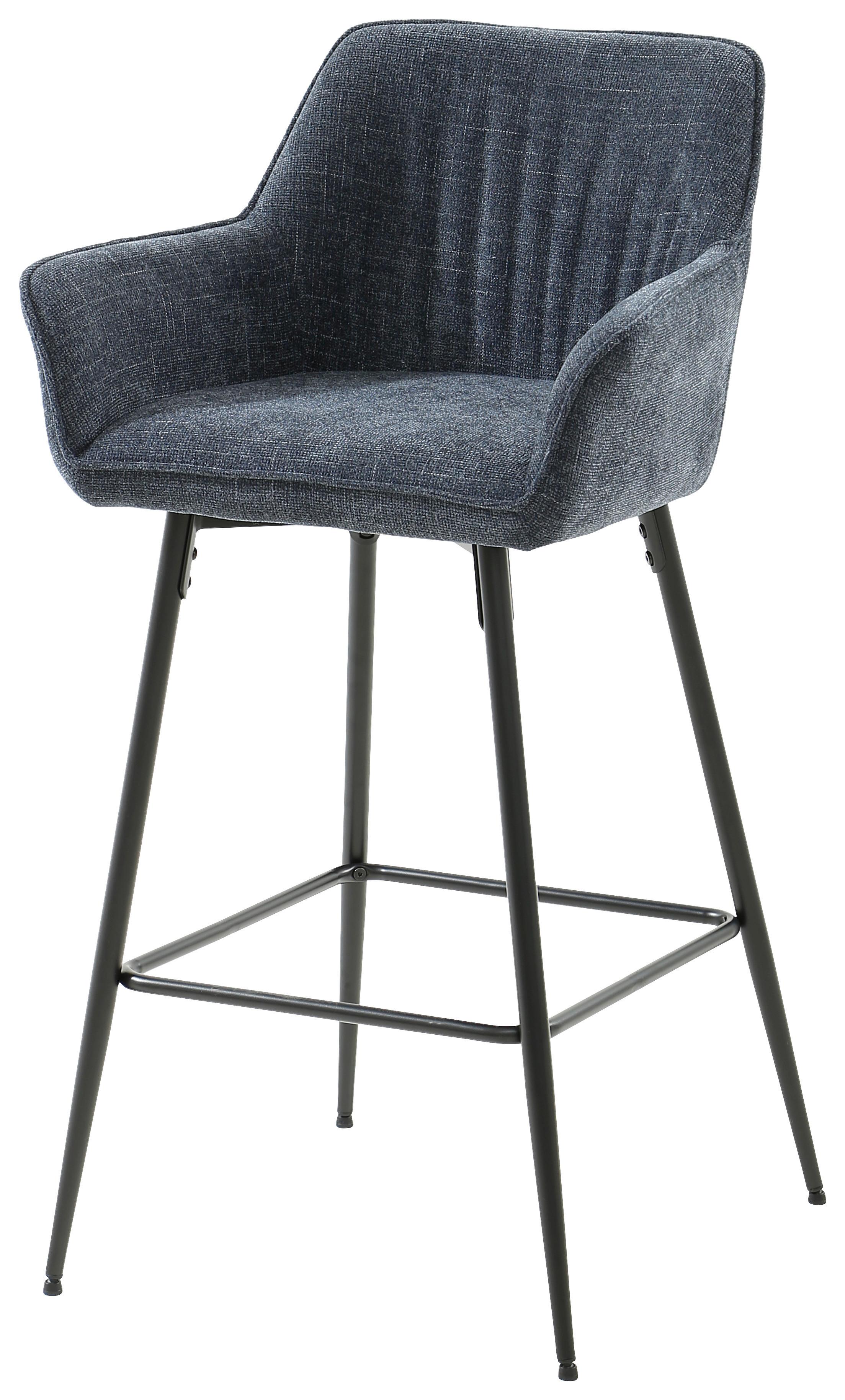 Barhocker Pim mit Armlehne Leinenoptik Blau, B: 57 cm - Schwarz/Dunkelblau, KONVENTIONELL, Holz/Textil (57/105/57cm) - MID.YOU