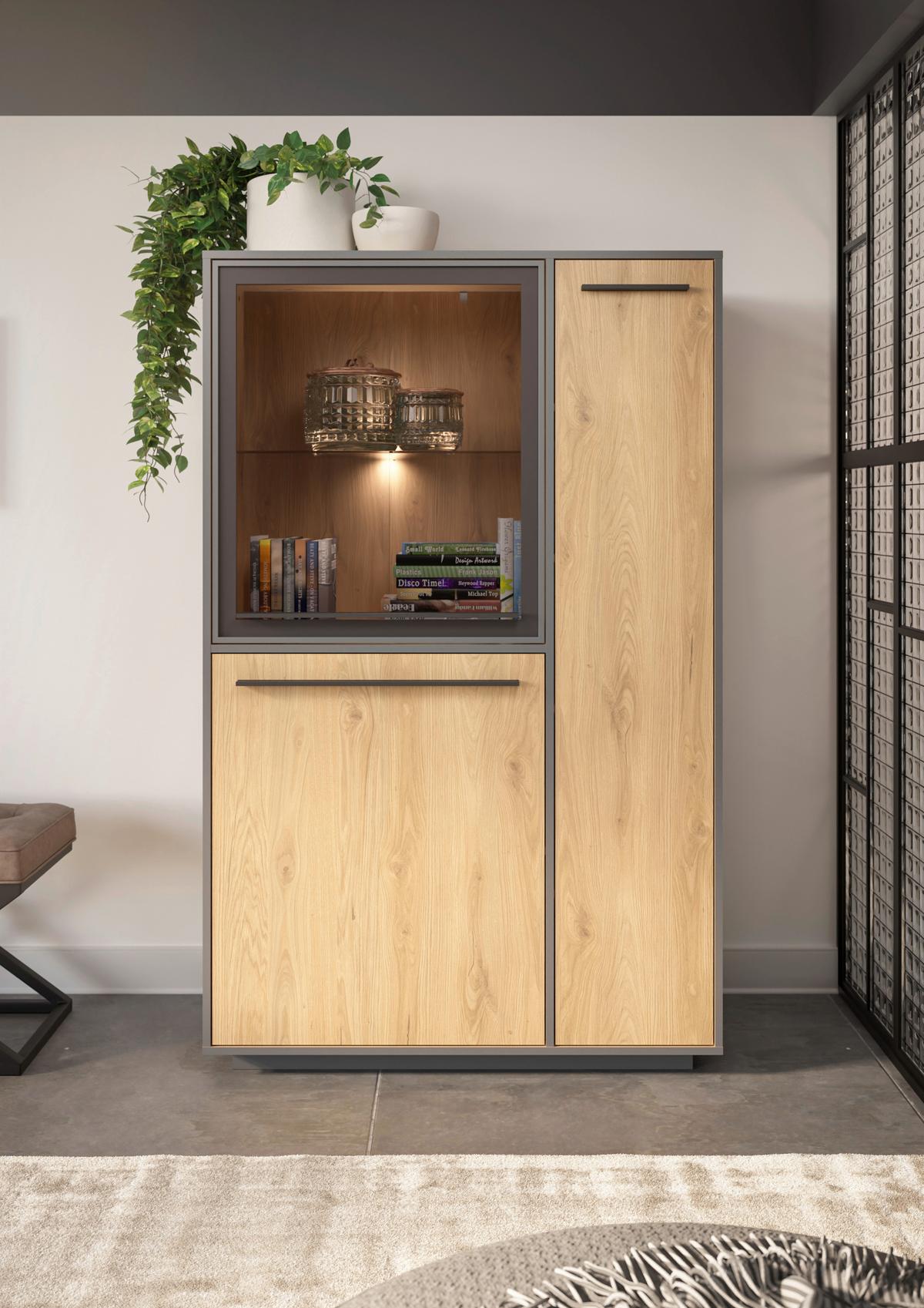 Highboard Nadiro B: 101 cm Wildeiche Dekor/Schwarz Matt - Eichefarben/Schwarz, Trend, Glas/Holzwerkstoff (101/161/41cm) - Livetastic