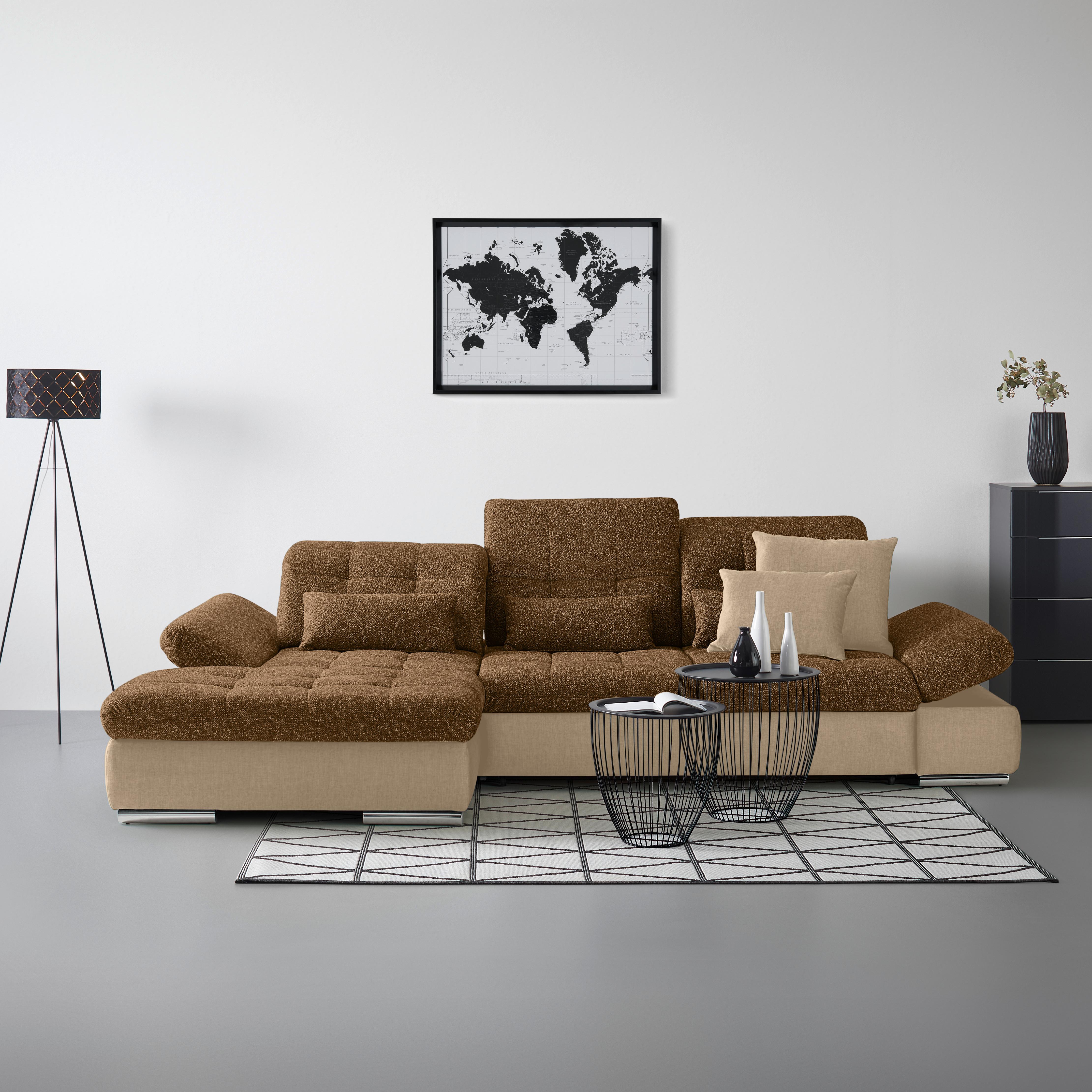 Rohová sedačka SANFINO, ľavá, sivohnedá / koňaková - chrómová/koňaková, Konventionell, kov/drevo (199/79-96/305cm) - Premium Living