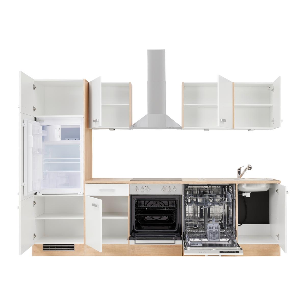 Kuchynský blok LEXA bez spotrebičov, šírka 280 cm - biela/farba duba, Modern, kompozitné drevo/plast (280cm) - Based