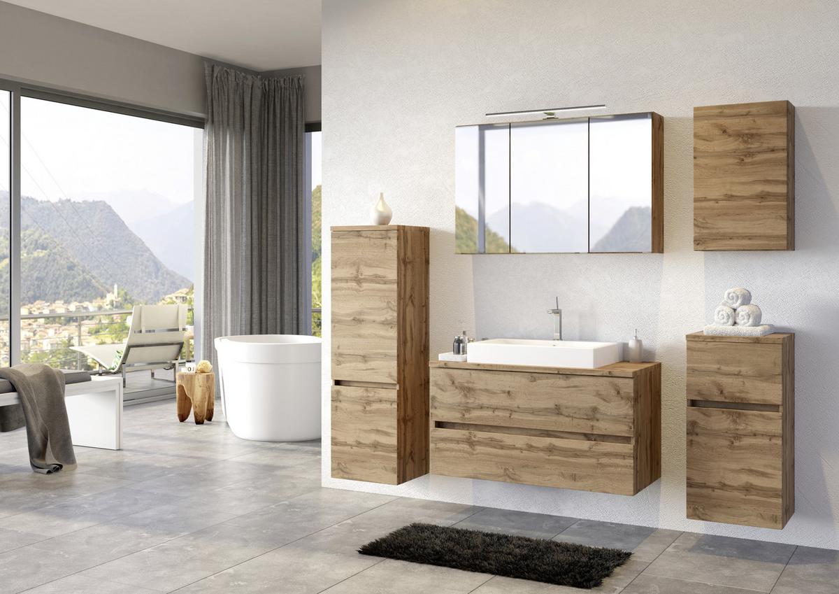 Waschbecken mit Unterschrank Pienza B: 100 cm Eiche Dekor - Eiche Wotan/Weiß, MODERN, Keramik/Holzwerkstoff (100cm) - Held