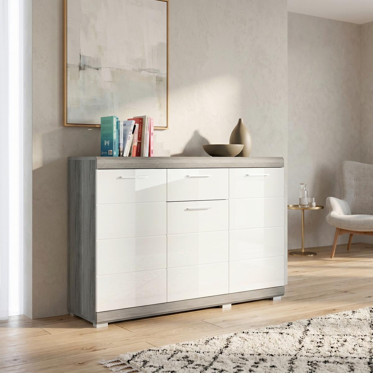 Komoda, š: 120 cm - biela s vysokým leskom/chrómová, Design, kompozitné drevo/plast (120/85/37cm) - MID.YOU