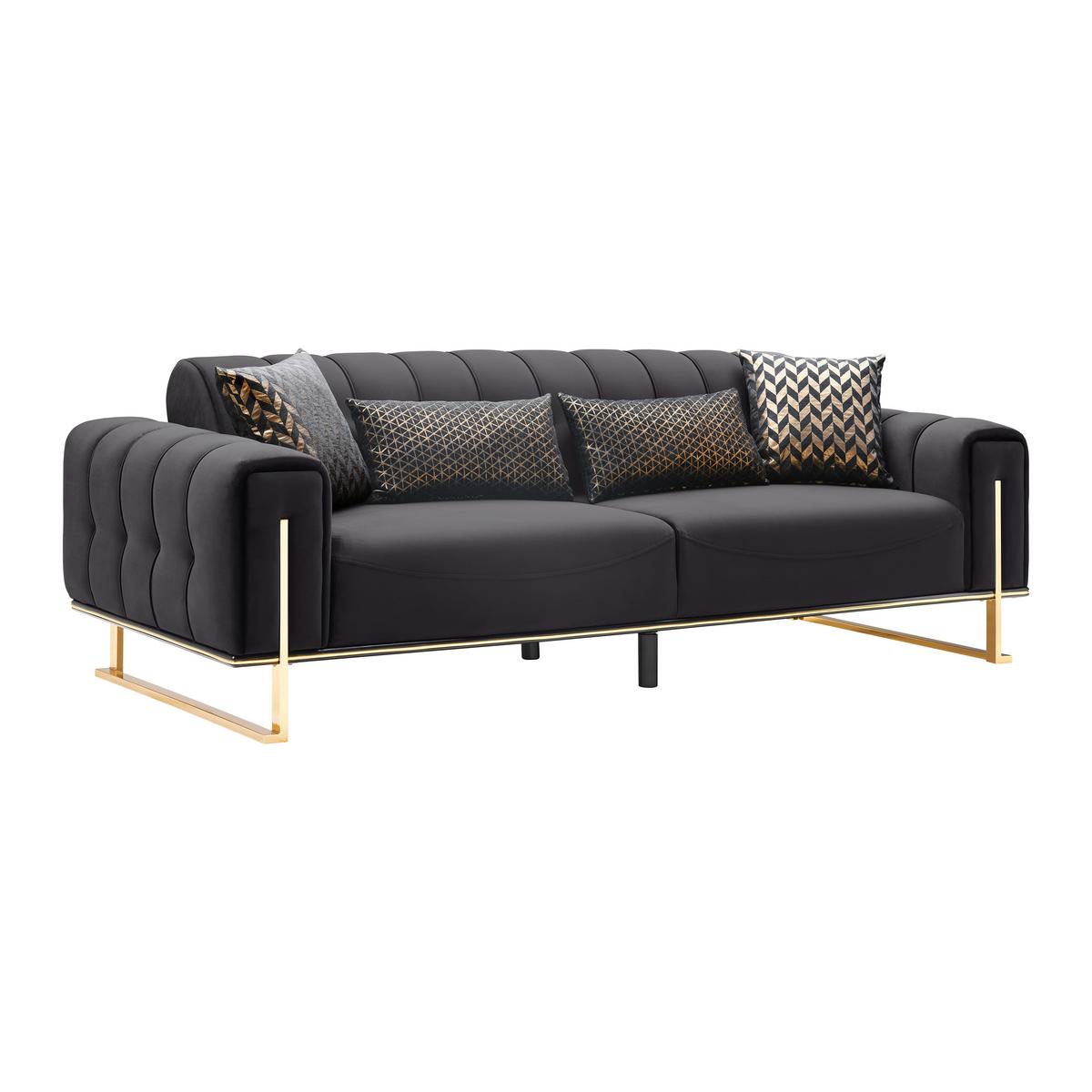 Trojmiestna pohovka AILE, čierny zamat, s vankúšmi - čierna/zlatá, Lifestyle, textil (244/80/90cm) - Mömax