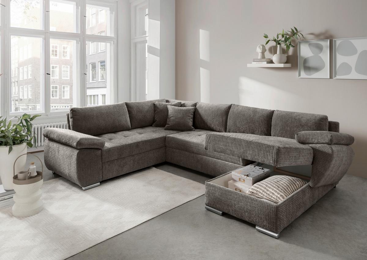 Wohnlandschaft Terana Graubr. mit Schlaffunktion, Mikrofaser - Chromfarben/Graubraun, KONVENTIONELL, Textil (219/305/157cm) - Livetastic