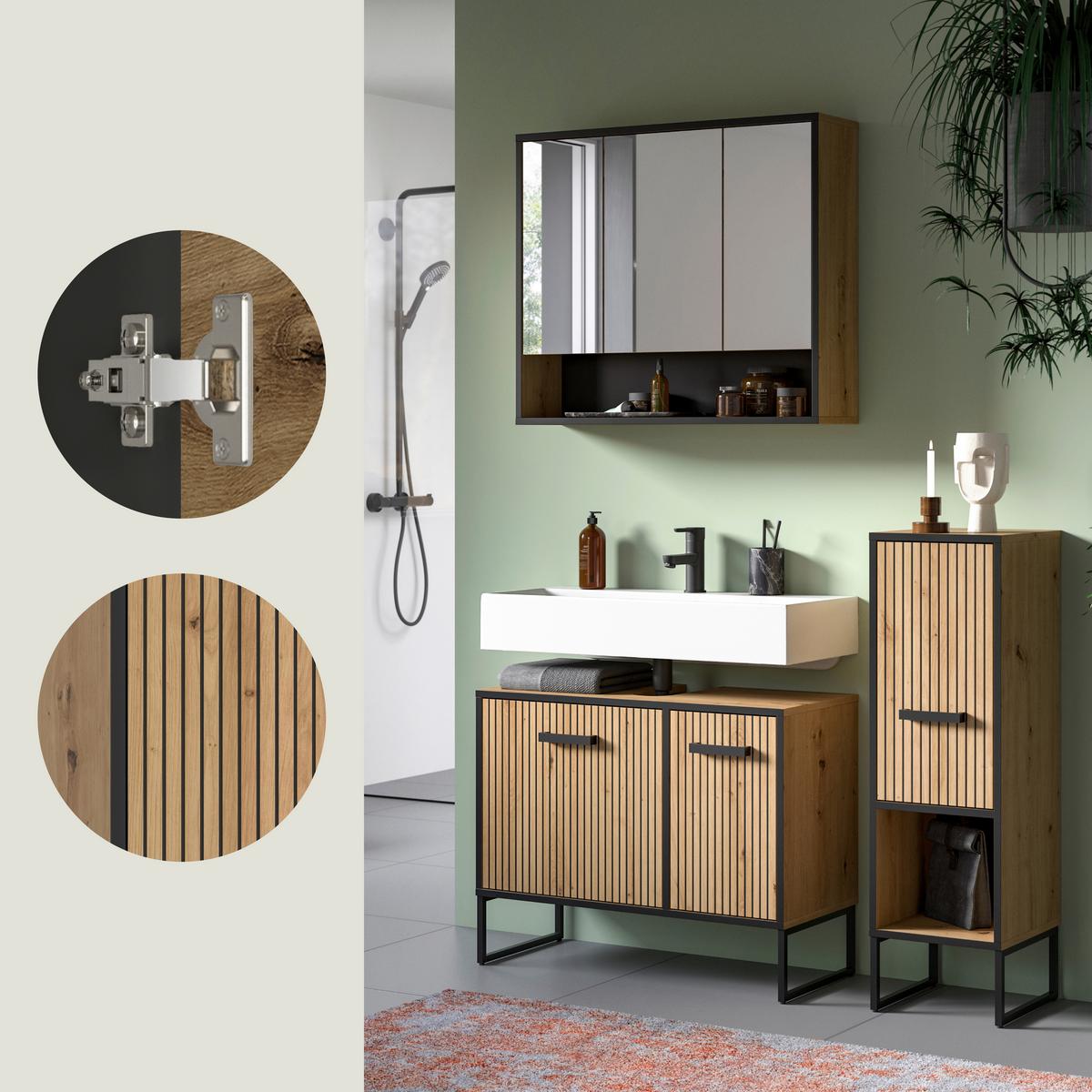 Badezimmer Bagno Schwarz /Eiche Artisan Dekor B: 110cm - Schwarz/Eiche Artisan, Trend, Glas/Holzwerkstoff (110cm) - MID.YOU