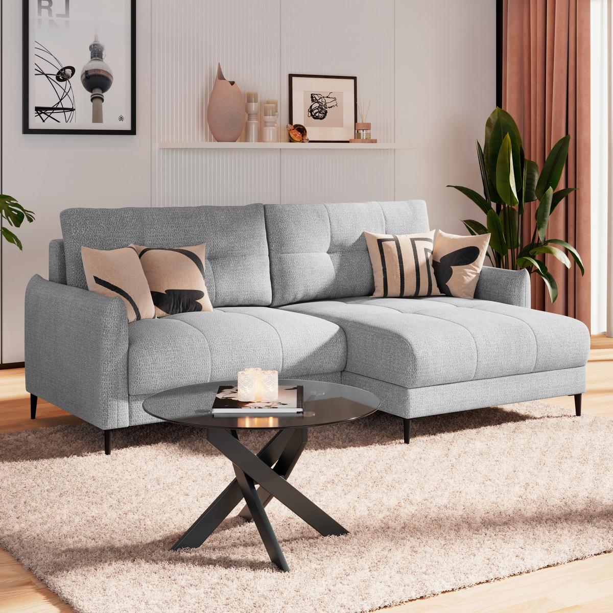 Ecksofa Polis Webstoff hellgrau, 221x142cm - Hellgrau/Schwarz, Trend, Textil (221/142cm) - Ondega