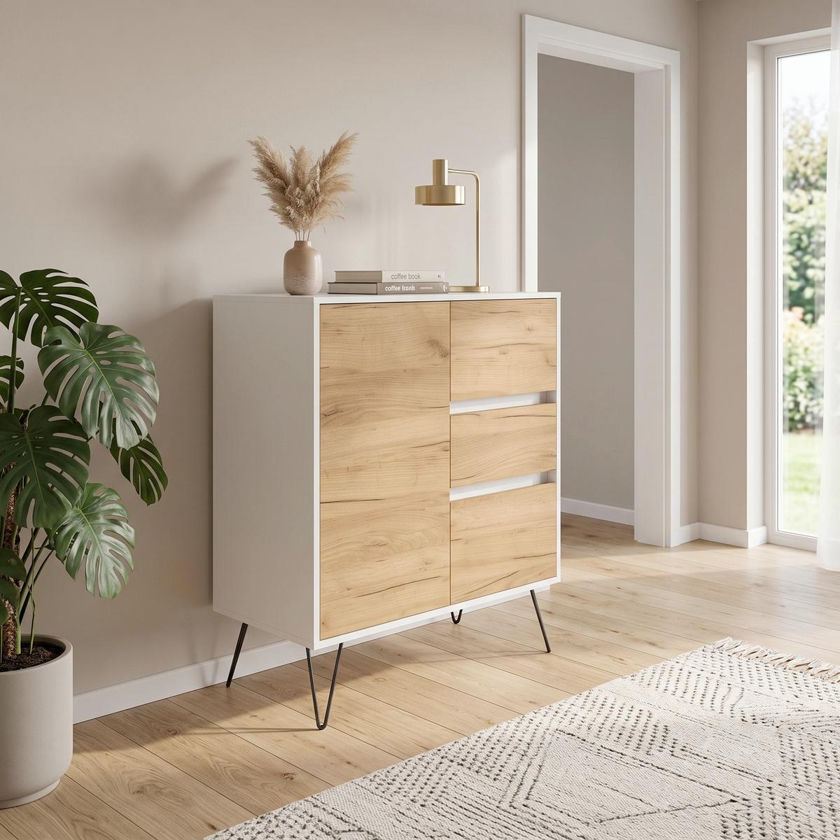 Sideboard Posseik Industrial Weiß/Eichef. B: 76 cm - Weiß Hochglanz/Eichefarben, Design, Holzwerkstoff (76/93,6/42cm) - MID.YOU