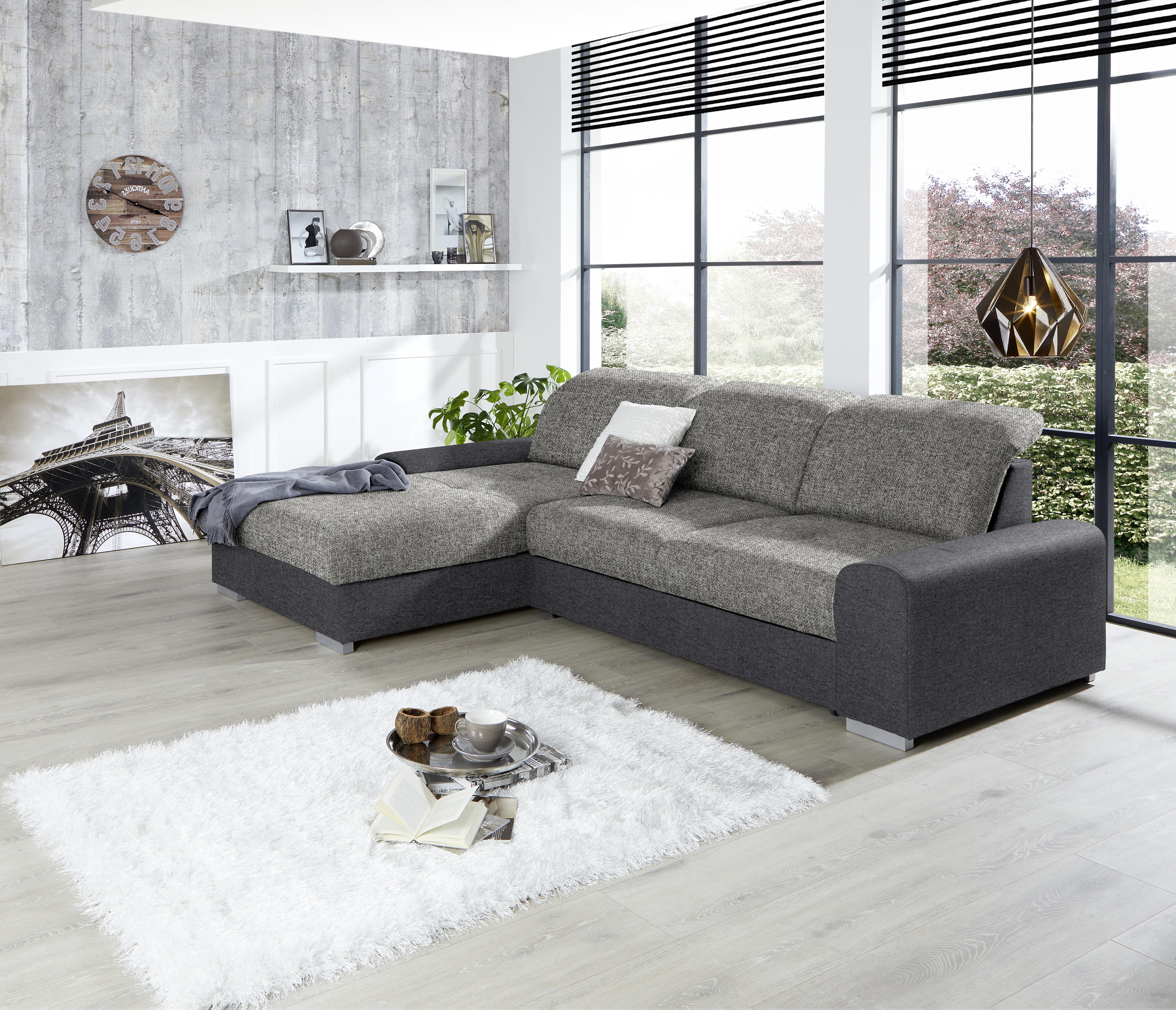 Ecksofa mit Schlaffunktion + Bettkasten Malaga, Webstoff - Dunkelgrau/Silberfarben, KONVENTIONELL, Textil (203/286cm) - Ondega