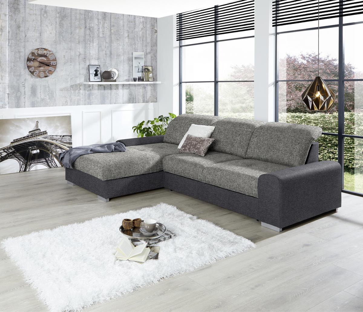 Ecksofa mit Schlaffunktion + Bettkasten Malaga, Webstoff - Dunkelgrau/Silberfarben, KONVENTIONELL, Textil (203/286cm) - Ondega