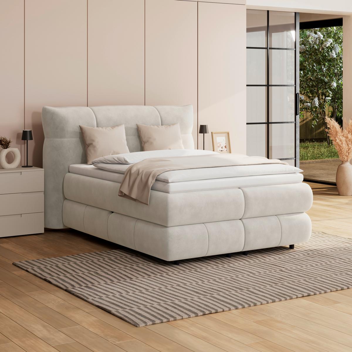 Boxspringbett Carmelo Creme 140x200 cm H4 - Creme/Schwarz, Trend, Textil (140/200cm)