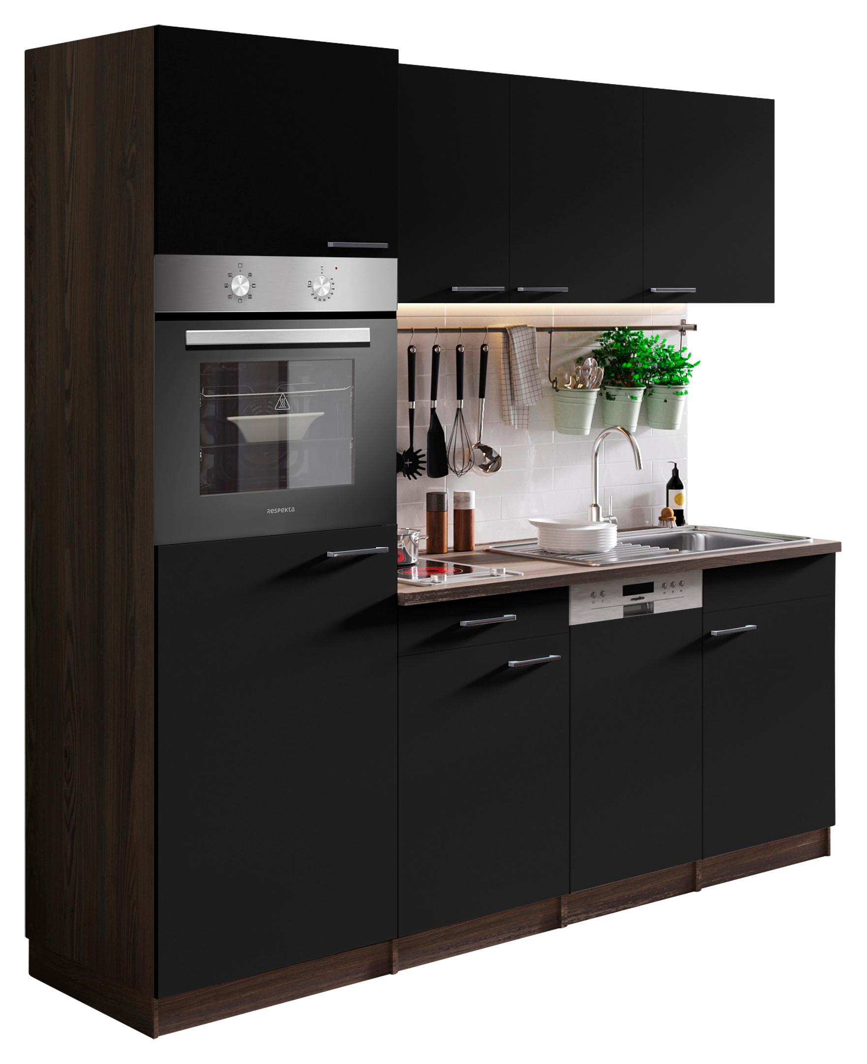 Küchenblock Oliver Singleküche 205 cm - Eichefarben/Schwarz, Basics, Holzwerkstoff (205cm) - Respekta