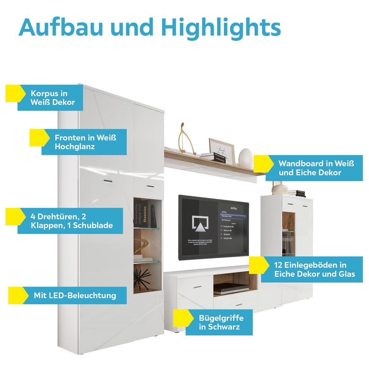 Wohnwand Modern 4 Tlg. Mit Led Storm, Weiß - Eichefarben/Schwarz, MODERN, Glas/Holzwerkstoff (340/196/40cm) - MID.YOU