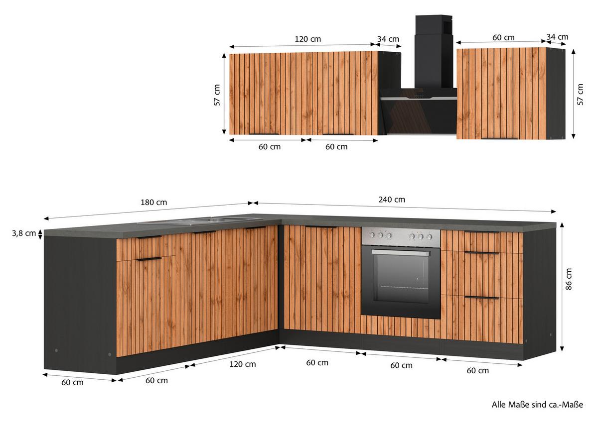 Eckküche Liverpool Graphit/ Eiche Dekor S: 240x240 Cm - Schieferfarben/Eiche Wotan, Basics, Holzwerkstoff (240/240cm) - Held