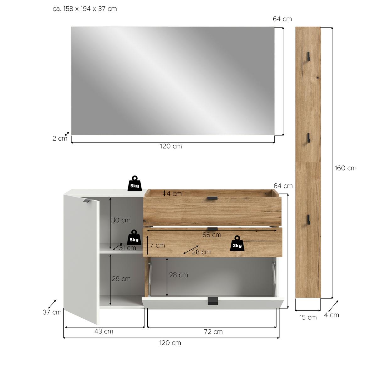 Garderobe Naro Weiß /Eiche dunkel Dekor B: 158cm - Eiche dunkel/Weiß, Design, Holzwerkstoff (158/194/37cm) - Livetastic