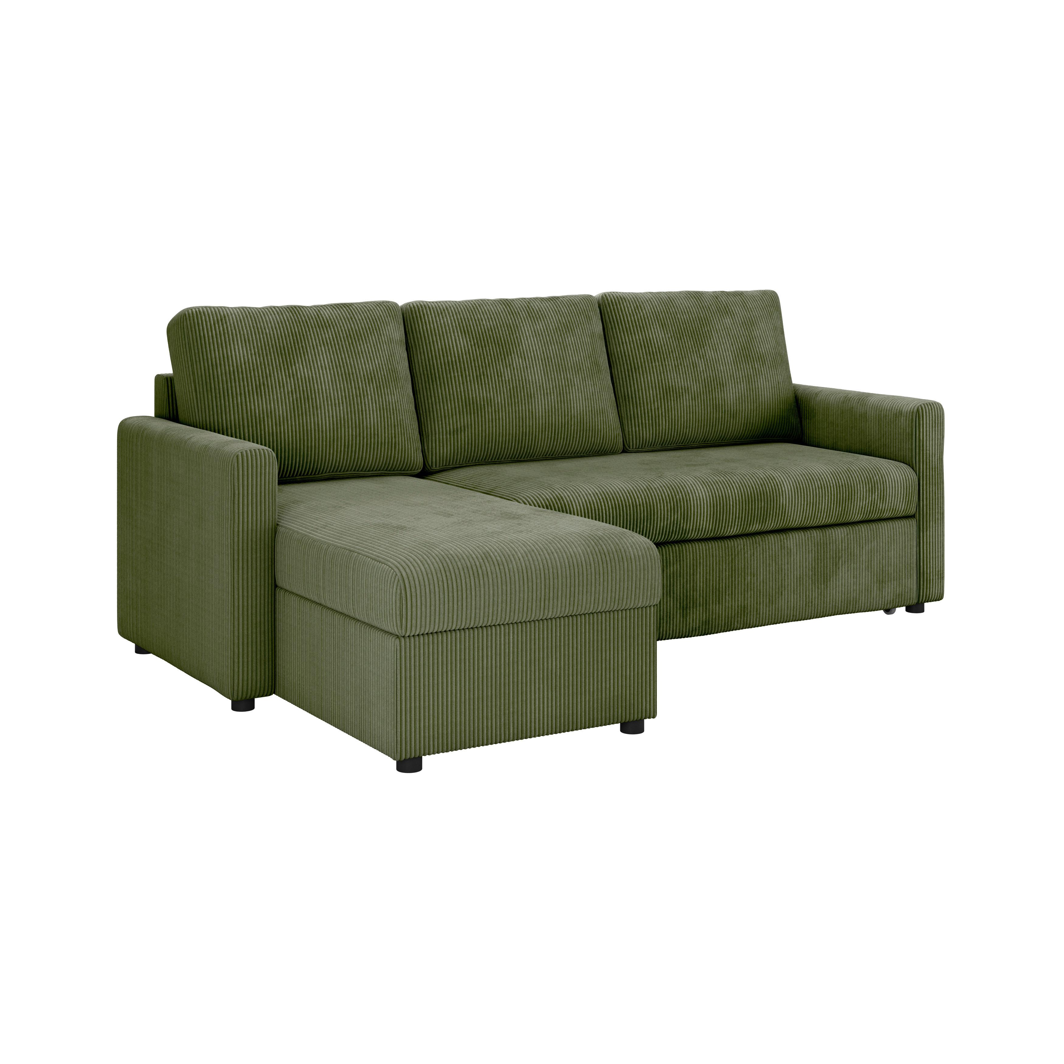 Ecksofa mit Schlaffunktion Paris Grün Cord 215x145cm - Schwarz/Grün, Basics, Holz/Holzwerkstoff (215/145cm)