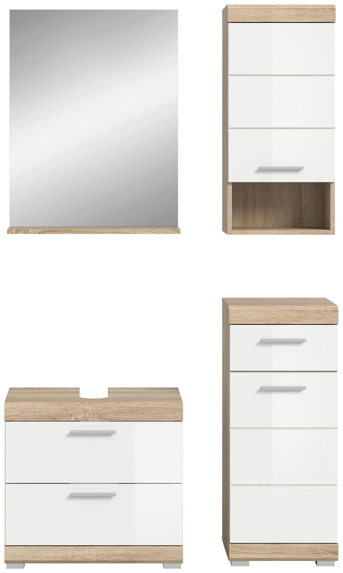Badezimmer Lambada Eiche Dekor/weiß B: 97 Cm - Weiß Hochglanz/Silberfarben, MODERN, Glas/Holzwerkstoff (97cm) - MID.YOU