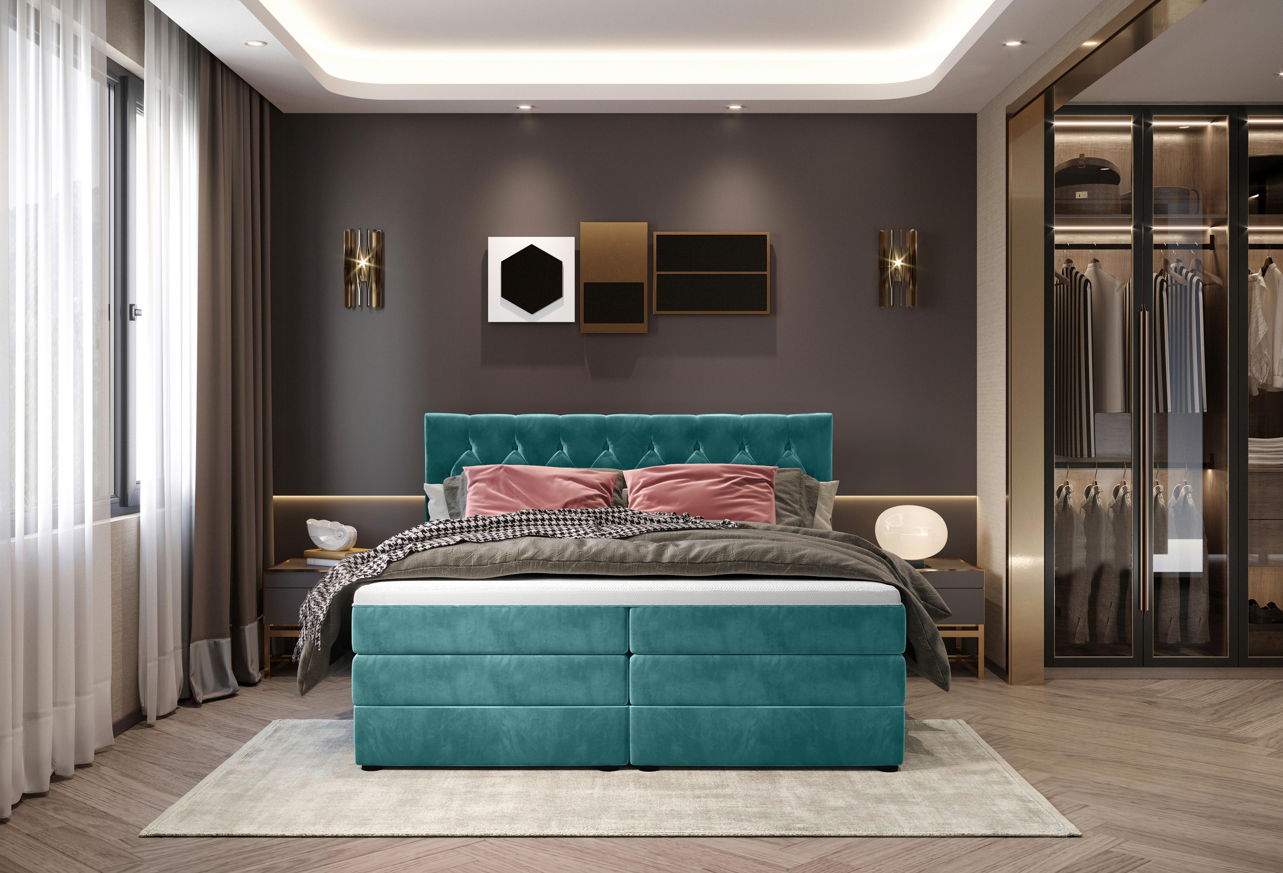 Boxspringbett Swing 9 Petrol 180x200 Cm H2 - Petrol/Schwarz, ROMANTIK / LANDHAUS, Textil (184/121/212cm) - James Wood