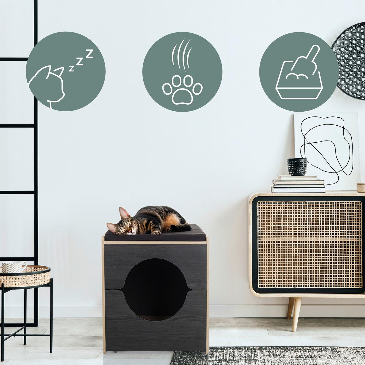 Tierhaus Kitty Pawbox Schwarz/Eiche Dekor B: 60cm - Eiche dunkel/Schwarz, MODERN, Holzwerkstoff (60/55/50cm) - MID.YOU
