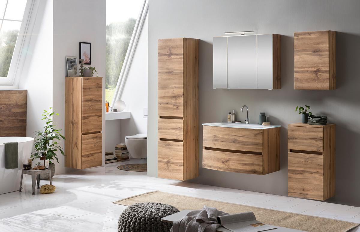 Badezimmer Hochschrank Kopenhagen BxH 40x180 cm - Eichefarben/Silberfarben, KONVENTIONELL, Holzwerkstoff (40/180/35cm) - Held
