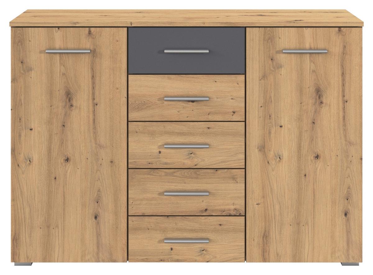 Kommode Foster Eiche Artisan Dekor, B: 120cm - Alufarben/Eiche Artisan, KONVENTIONELL, Holzwerkstoff (120/84/40cm)