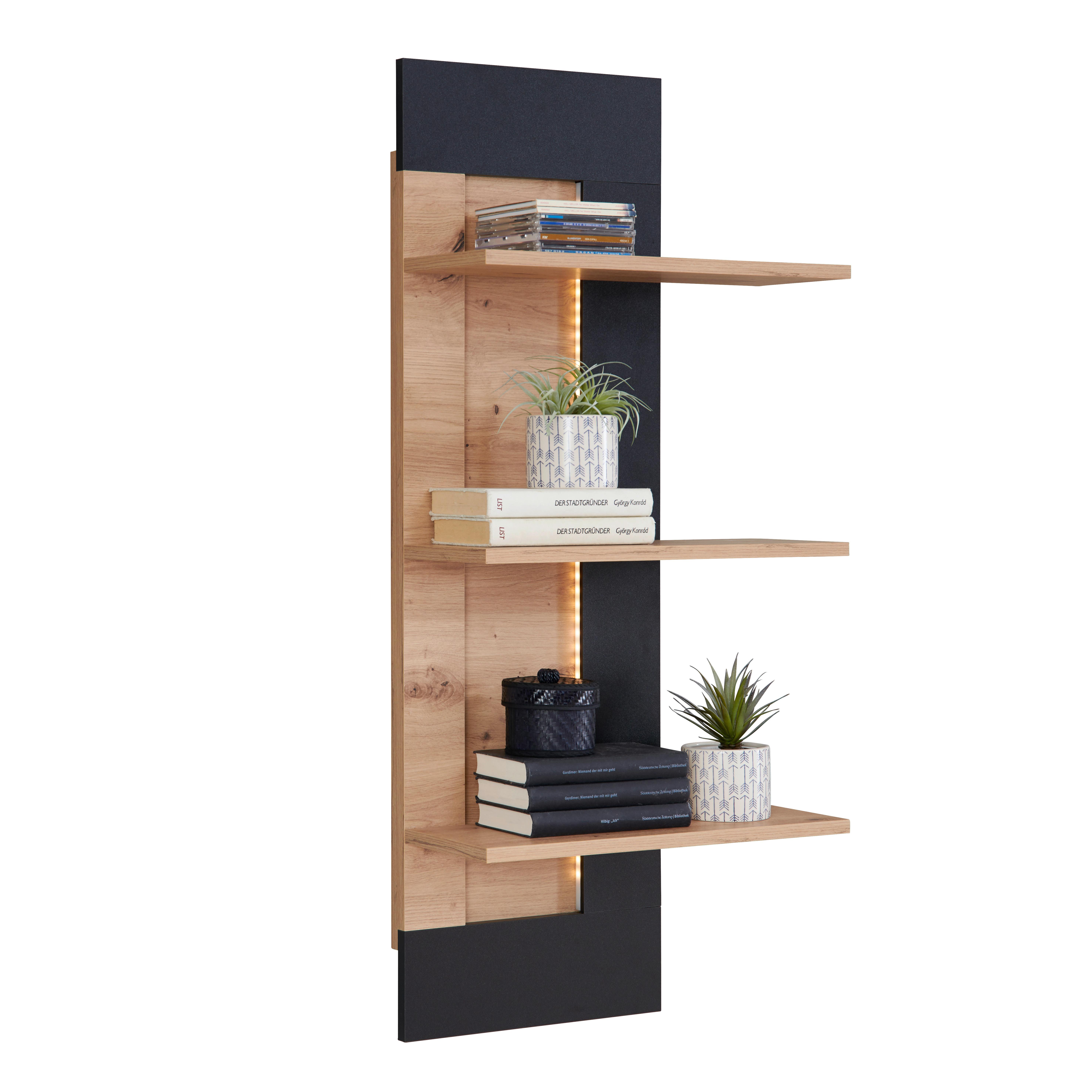 NÁSTENNÝ REGÁL NYON - čierna/farba smreka, Modern, kompozitné drevo (49,1/110/21cm)