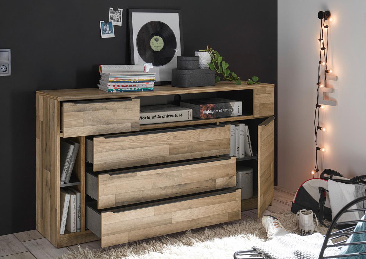 Komód James 150/82 Cm - grafitszürke/tölgyfa, Konventionell, faalapú anyag (150/82,2/38cm) - James Wood