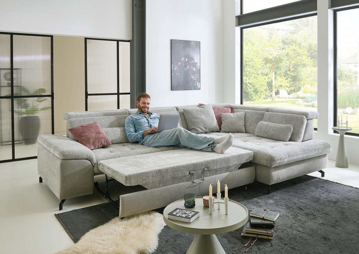 Rohová sedačka MIMA, pravá, sv.hnedá ženilka, s funkciami - svetlohnedá/čierna, Modern, kov/textil (318/220cm)