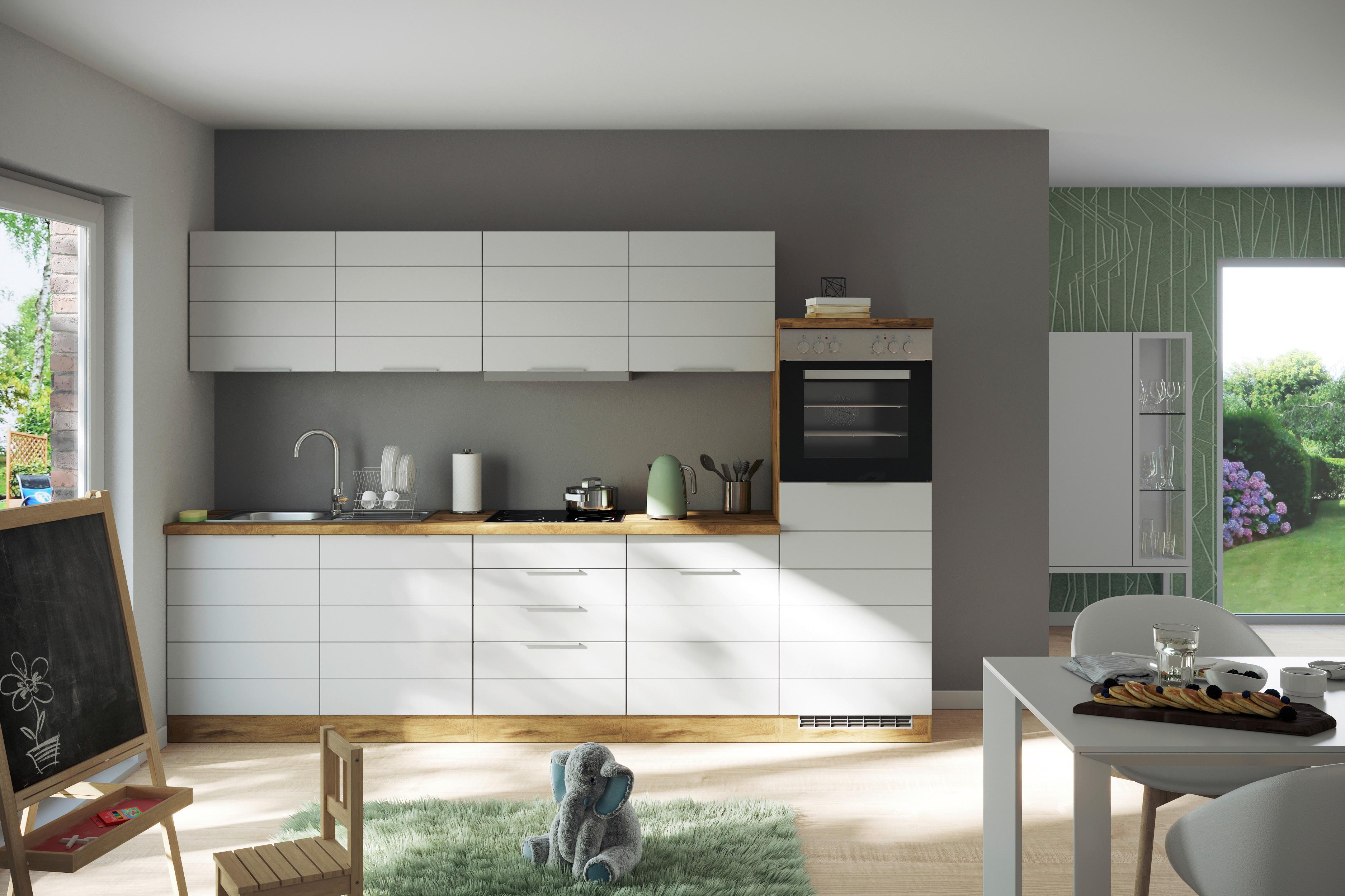 Küchenzeile Florenz ohne Geräte 300 cm Weiß/Eichef. - Eiche Wotan/Weiß, Design, Holzwerkstoff (300cm) - Held