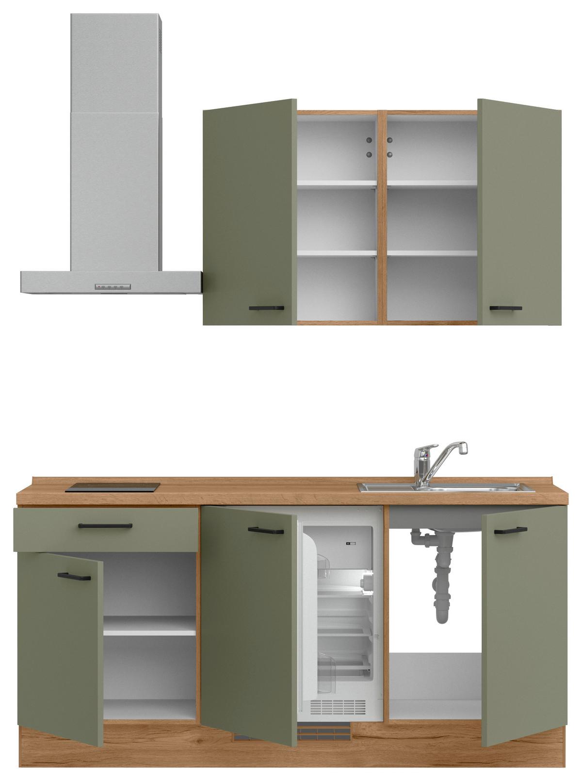Kuchyňská linka 180 cm, olivově zelená - barvy dubu/černá, Moderní, kov/kompozitní dřevo (180cm) - Nobilia