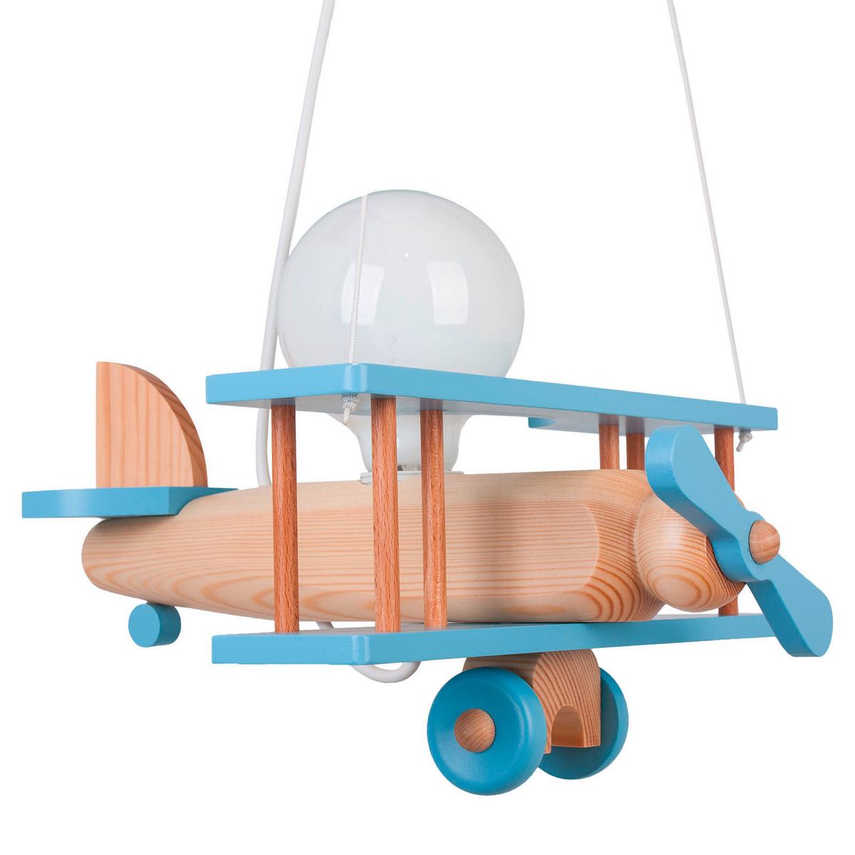 Kinderhängeleuchte Flugzeug H: 75 cm 1-Flammig - Blau/Naturfarben, KONVENTIONELL, Holz (29/31/75cm)