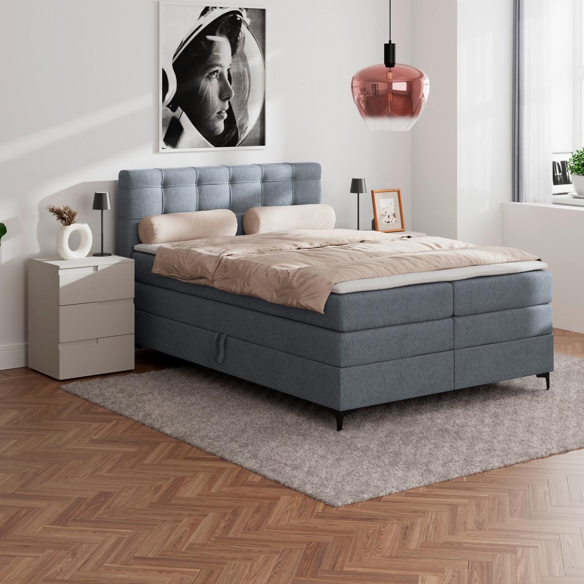 Boxspringbett MITTO Blaugrau 140x200 cm - Blaugrau/Schwarz, KONVENTIONELL, Textil/Metall (140/200cm)