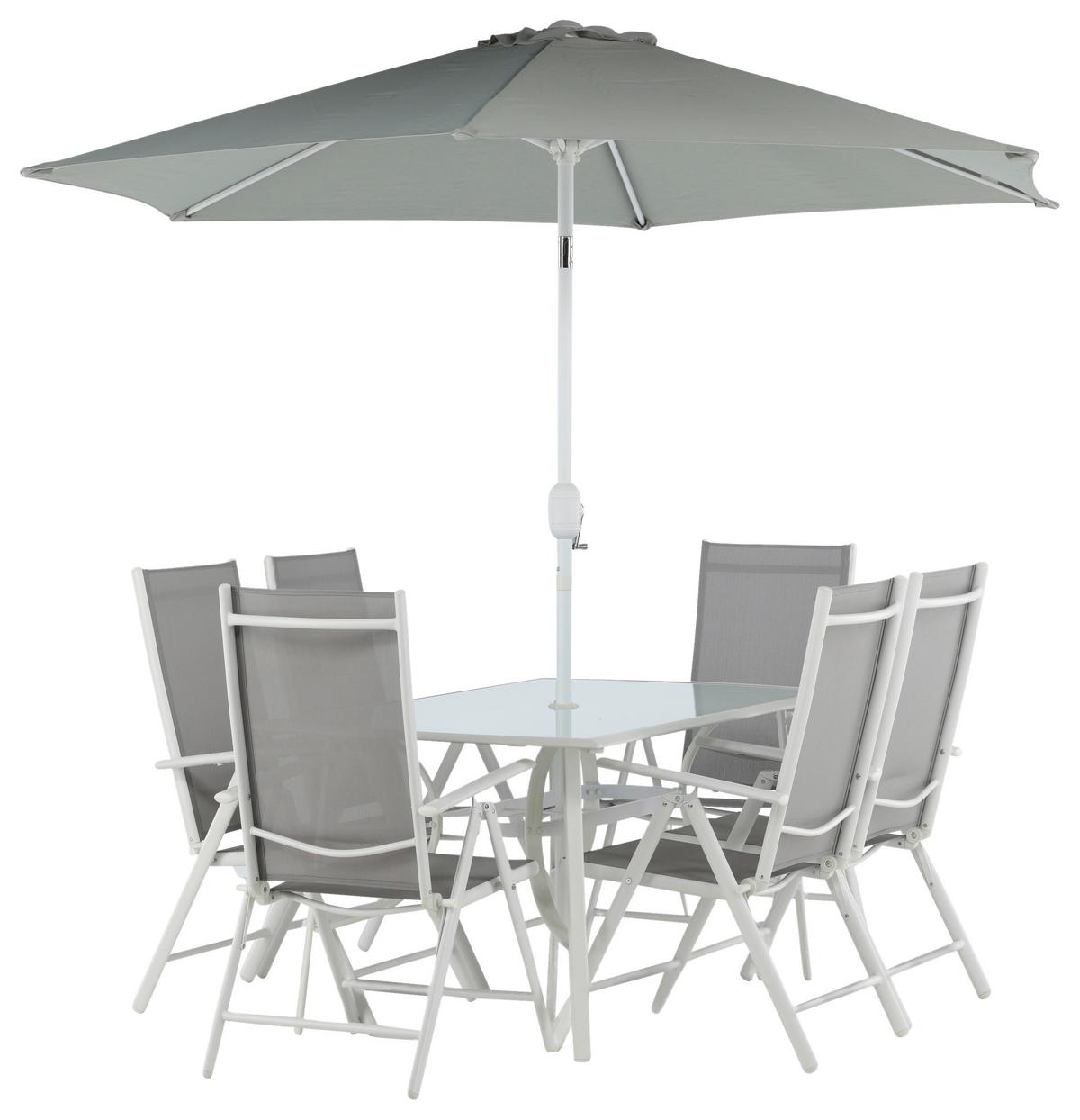 Gartentischgruppe 8-tlg Brekki Aus Aluminium Mit Schirm - Weiß, KONVENTIONELL, Glas/Metall - Gardenson