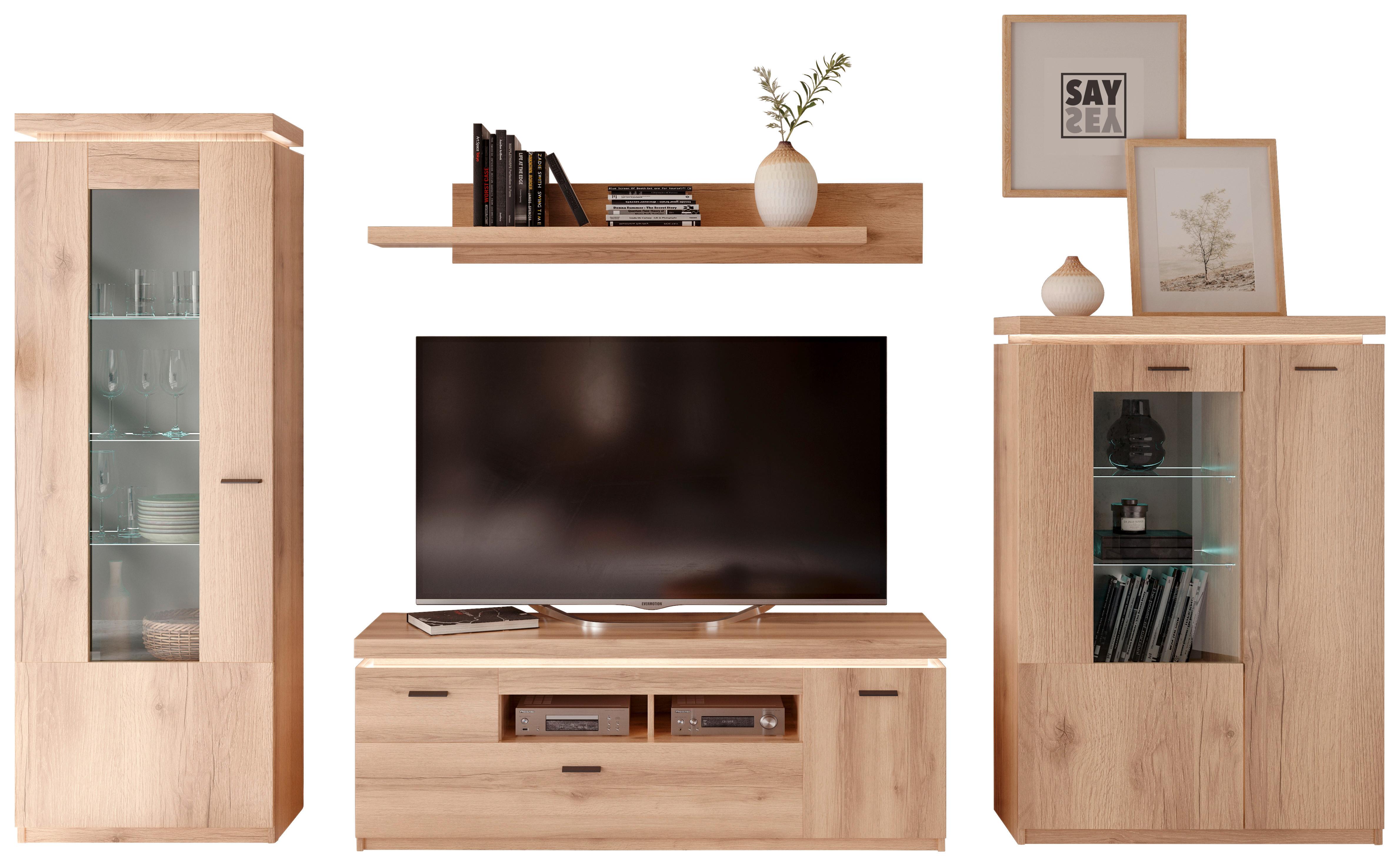 Wohnkombination Modern 4 -teilig. Mit Led Vancouver, Eiche Dekor - Eichefarben, MODERN, Glas/Holzwerkstoff (324/198/44cm)
