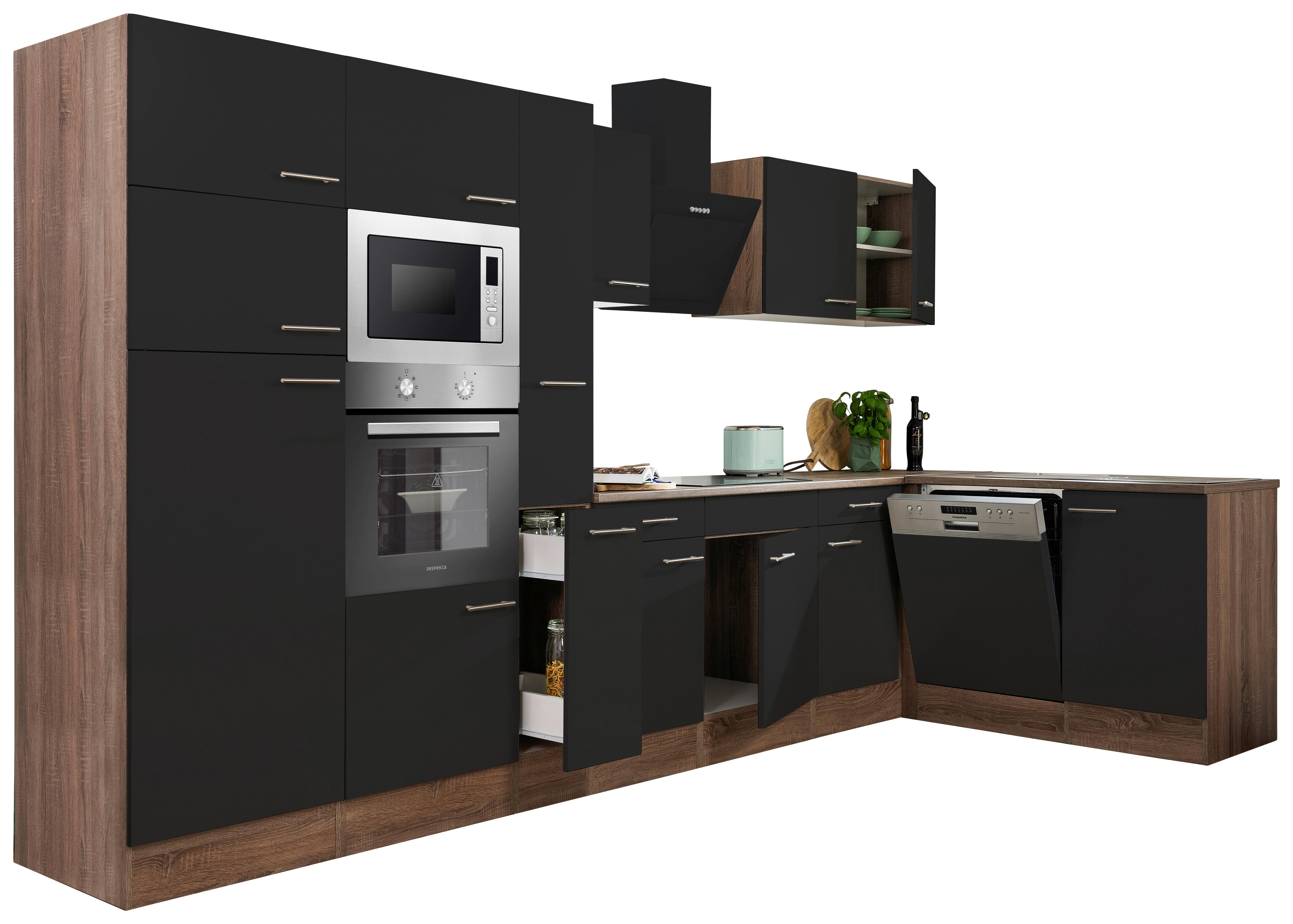 Eckküche Oliver L-Küchenblock 370 cm - Eichefarben/Schwarz, Basics, Holzwerkstoff (370/172cm) - Respekta