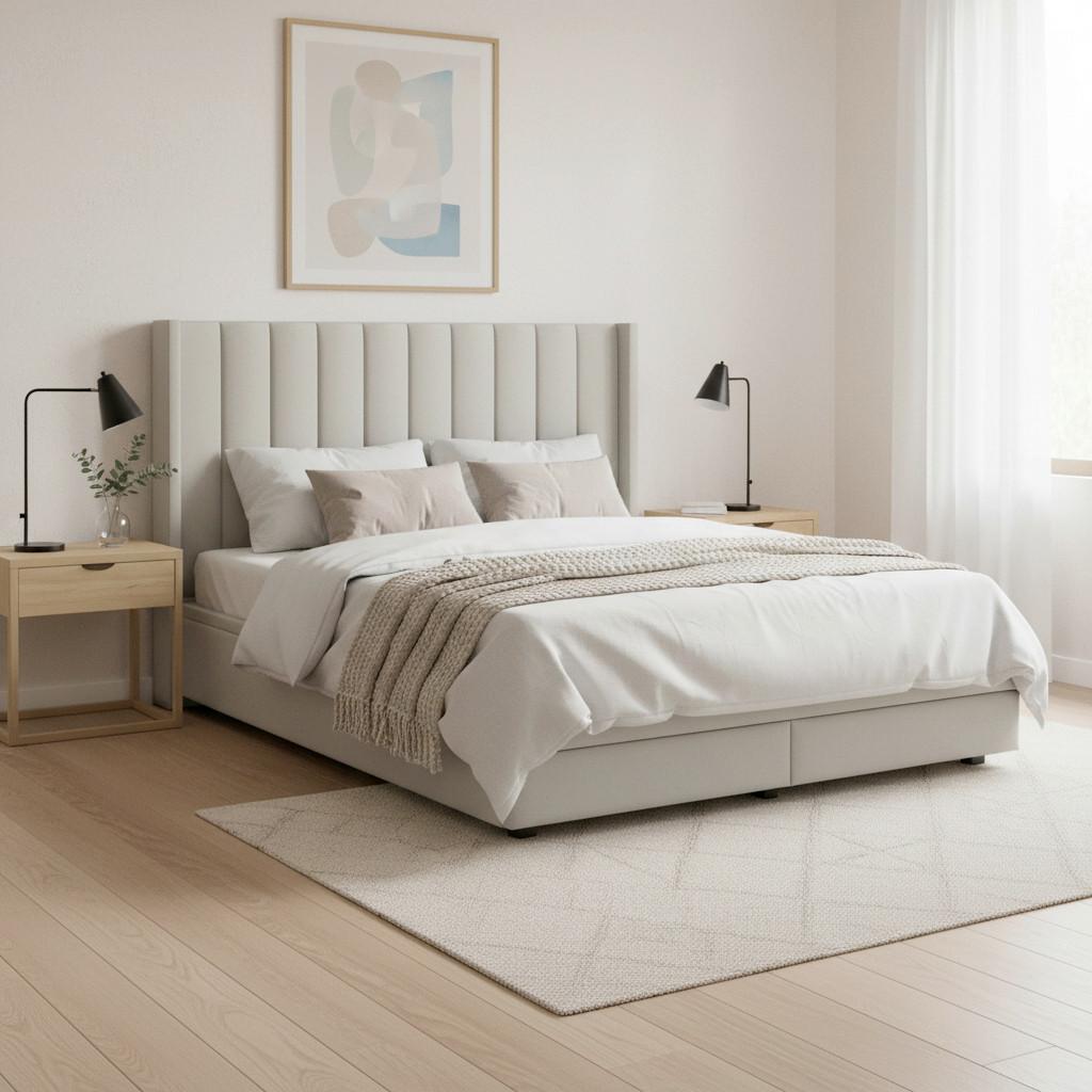 Čalúnená posteľ MAYA 180x200, béžová - svetlosivá/tmavohnedá, Modern, kov/drevo (180/200cm) - Bessagi Home