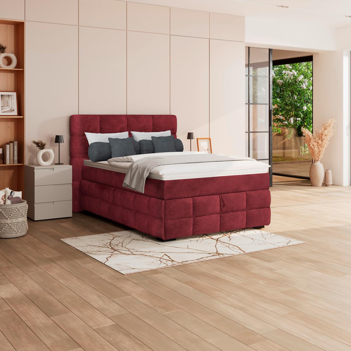 Čalúnená posteľ VEGA 140x200 cm, vinovočervená - čierna/vínovočervená, Trend, drevo/textil (140/200cm)