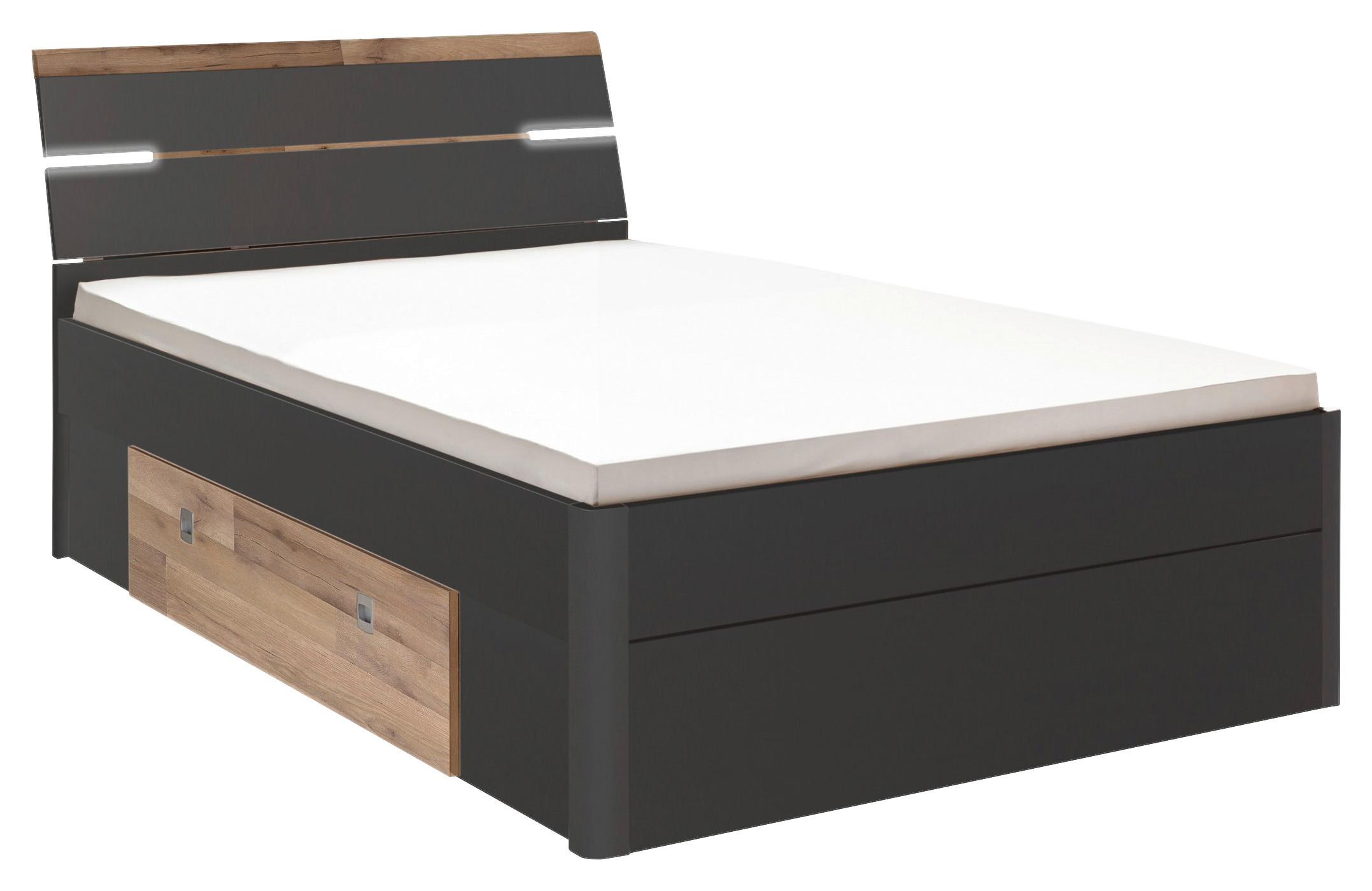 Stauraumbett mit Beleuchtung 140x200 cm Mars Graphit - Eichefarben/Schwarz, KONVENTIONELL, Holzwerkstoff (140/200cm) - MID.YOU
